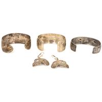 Northwest Coast Etched Figural Silver Cuff Bracelets and Earrings