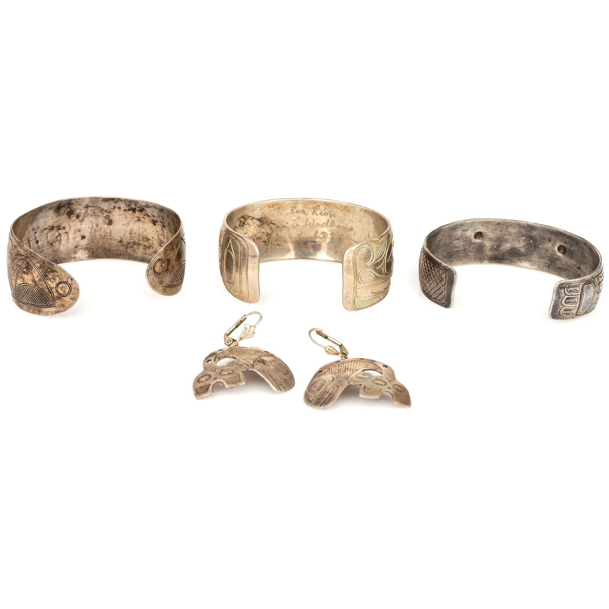 Northwest Coast Etched Figural Silver Cuff Bracelets and Earrings