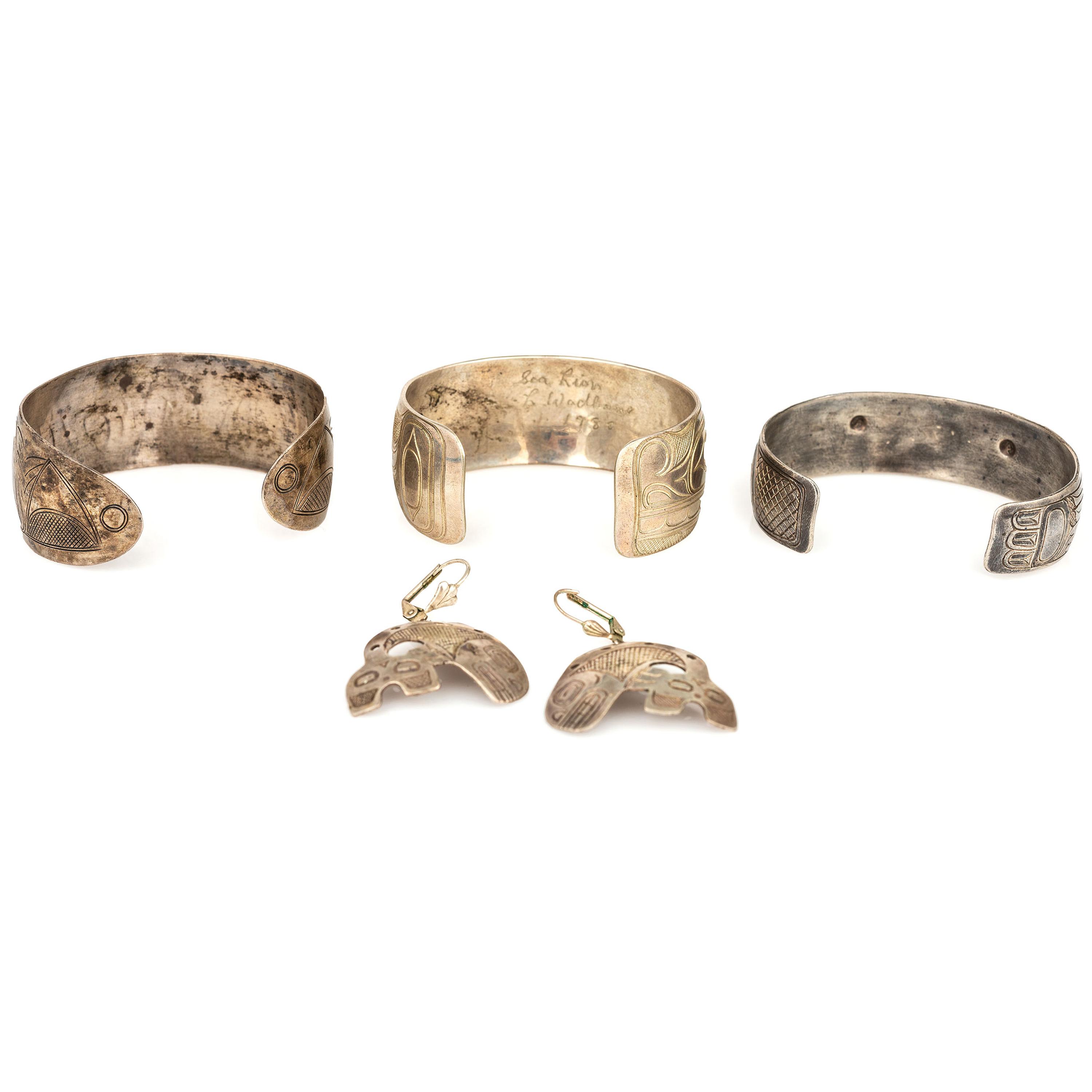 Northwest Coast Etched Figural Silver Cuff Bracelets and Earrings