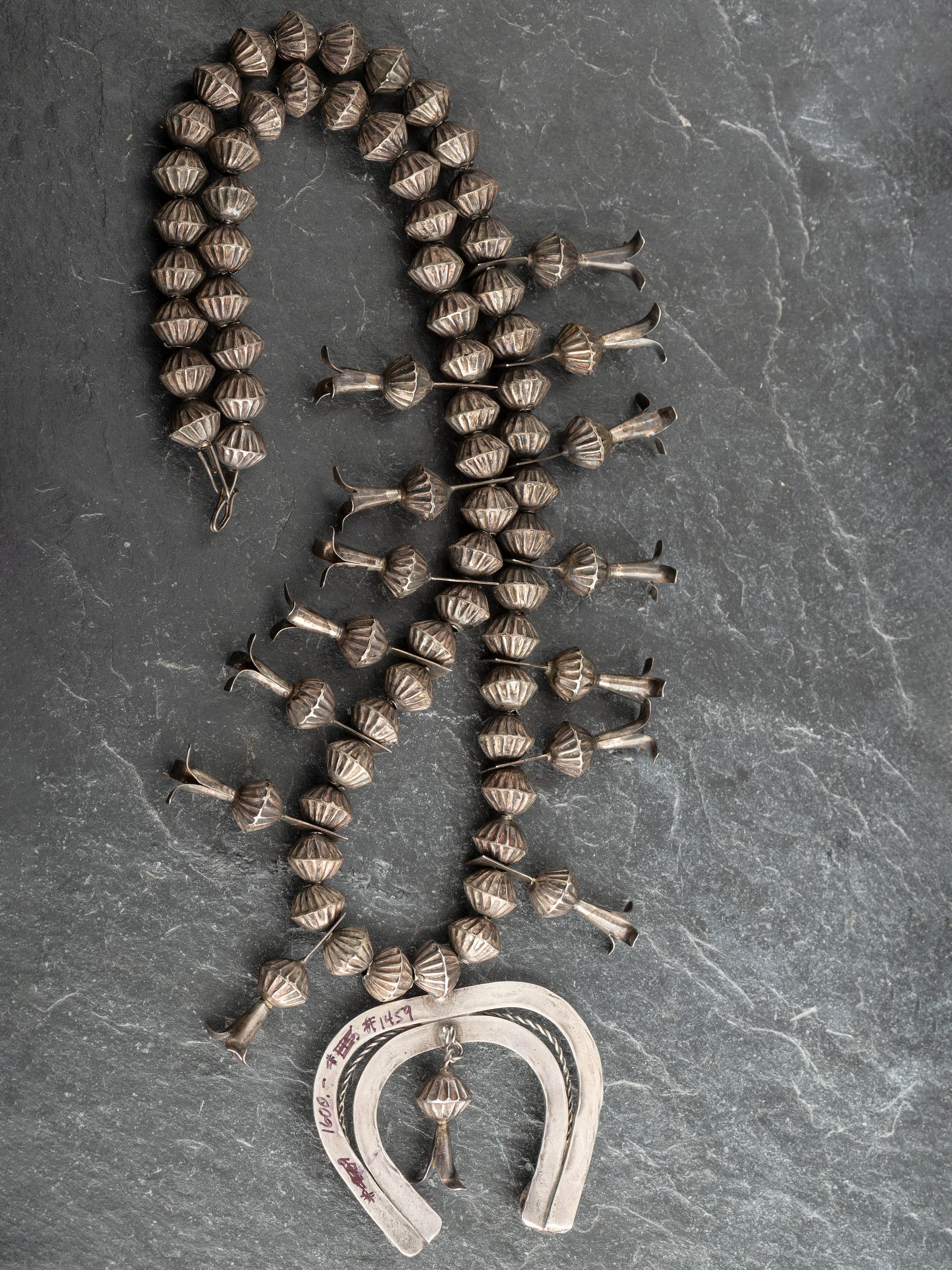Navajo Silver Squash Blossom Necklace and Hook Earring Set