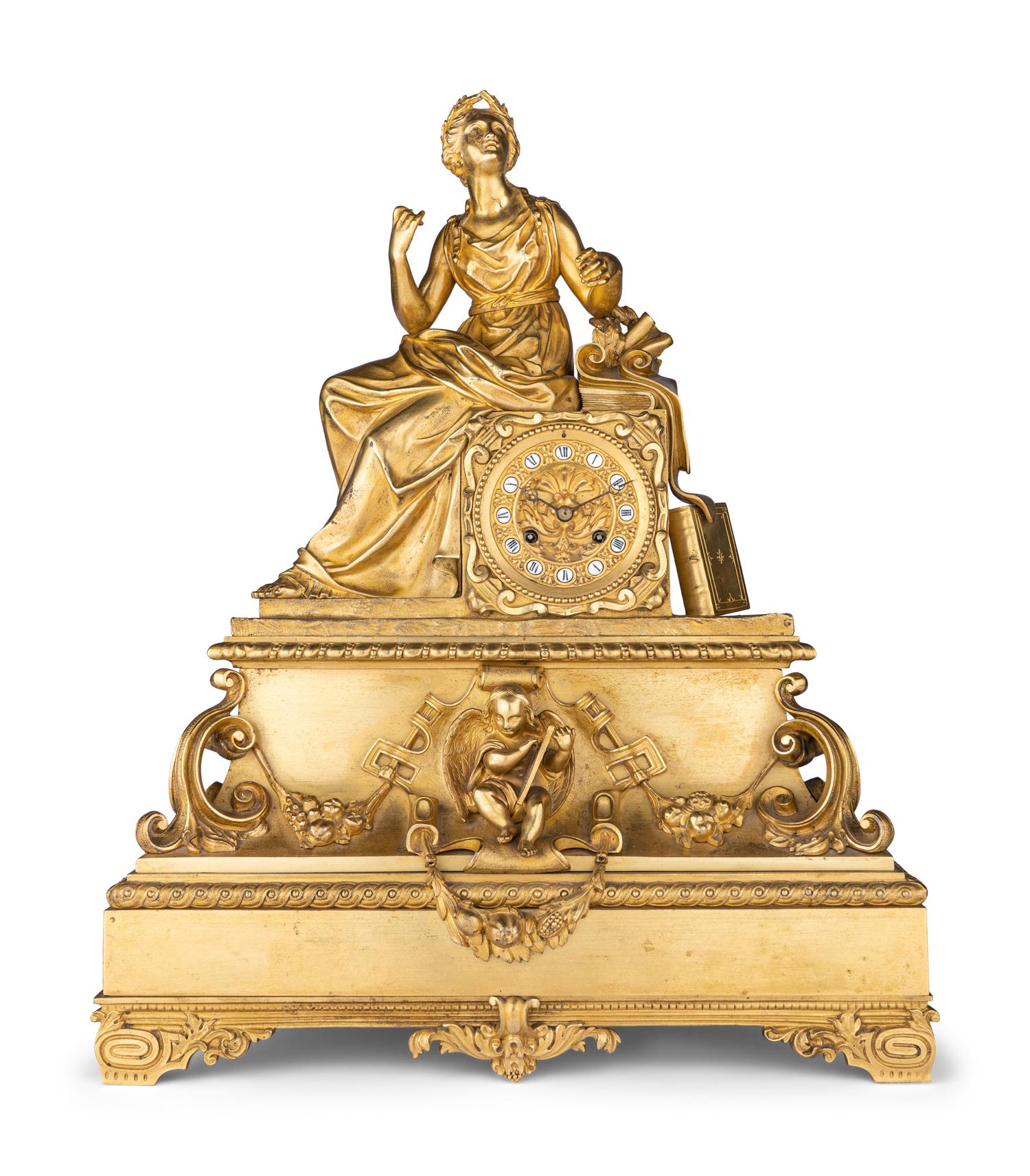 A Napoleon III Gilt Bronze Figural Mantel Clock