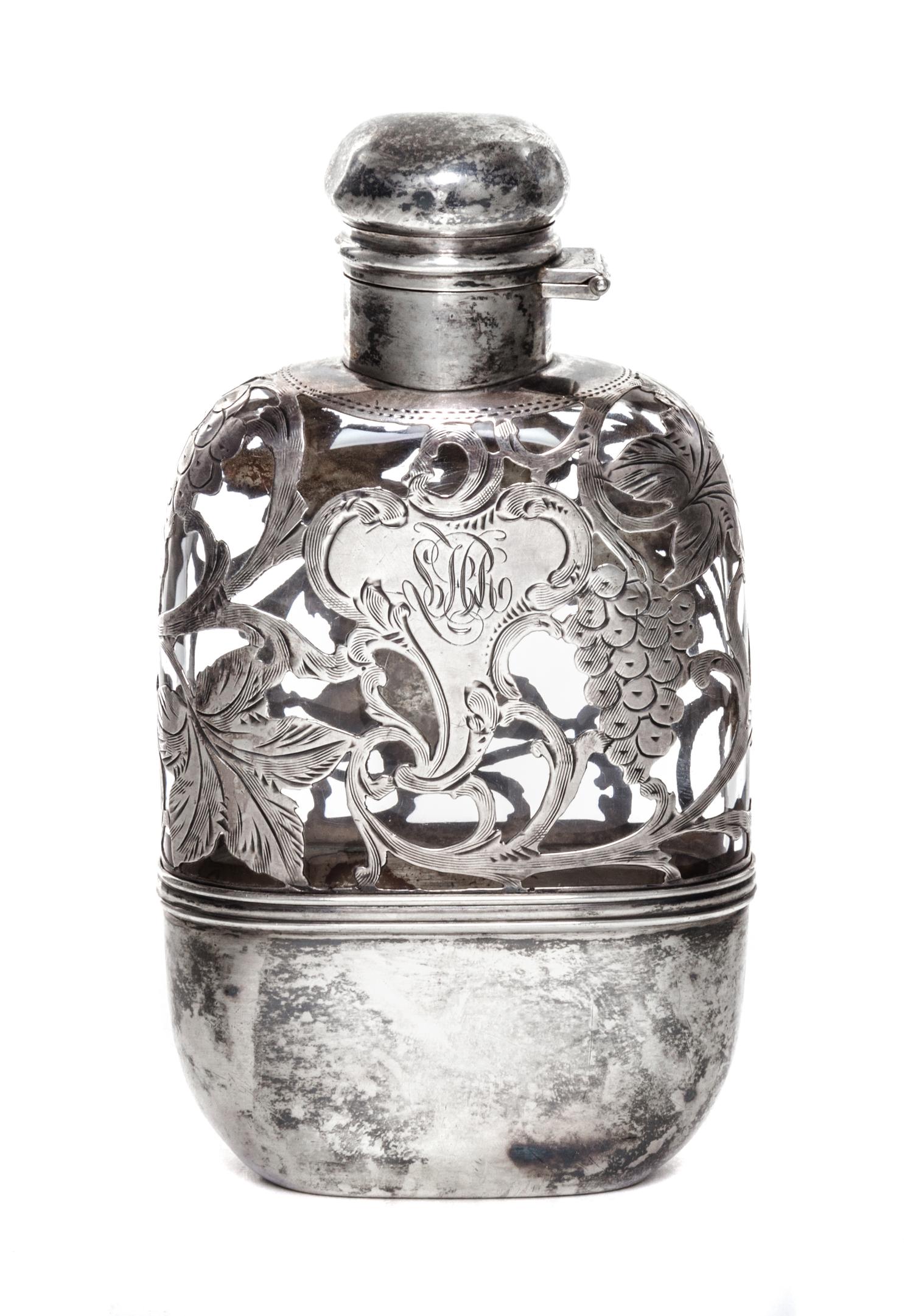 An American Silver Overlay Glass Flask, Alvin Manufacturing Corp., Providence, RI, Early 20th Century, of flattened form with hinged tw