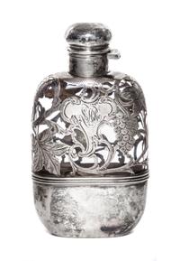 An American Silver Overlay Glass Flask, Alvin Manufacturing Corp., Providence, RI, Early 20th Century, of flattened form with hinged tw