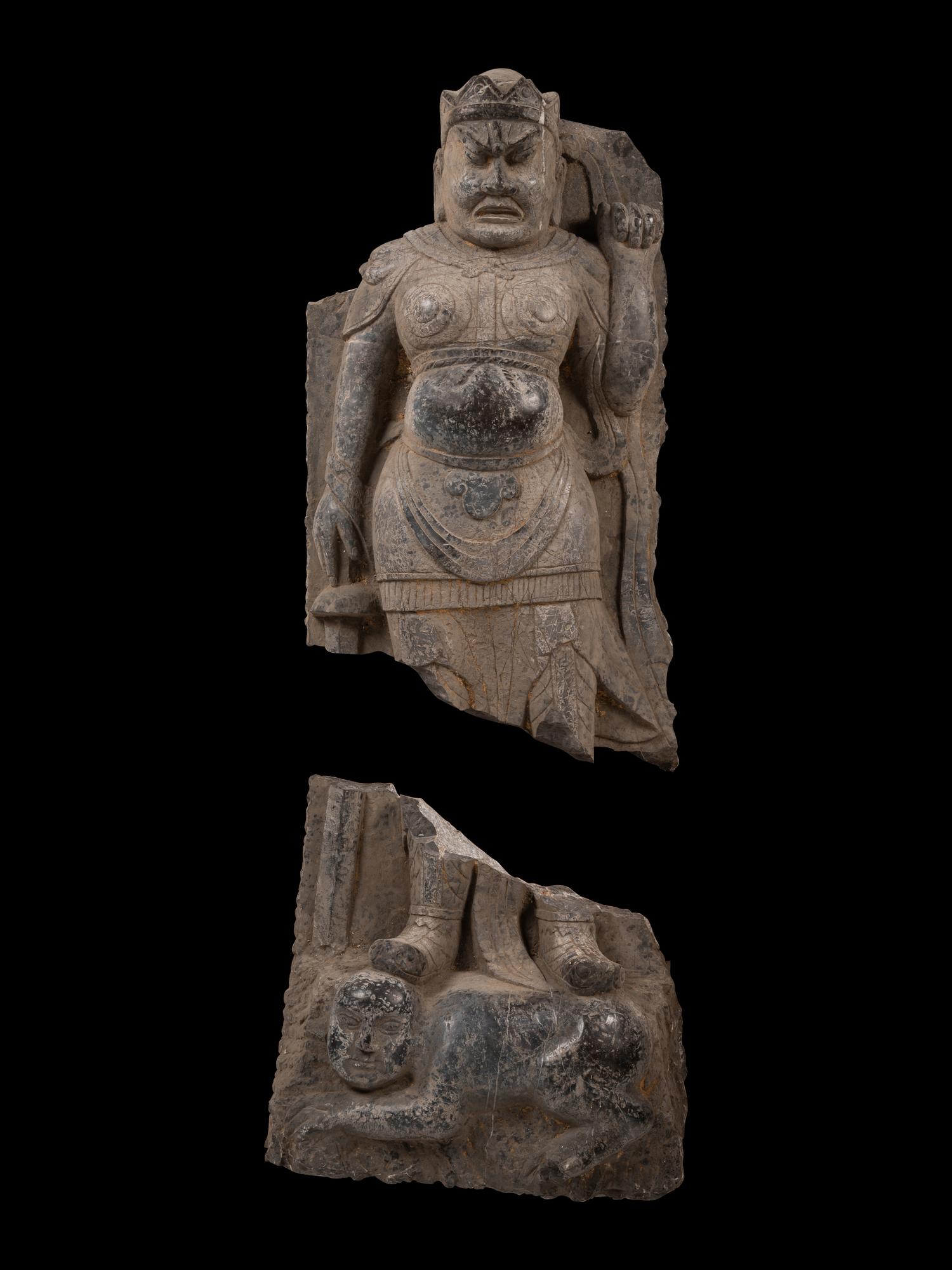 A Chinese Monumental Relief Carved Stone Figural Steele of a Warrior