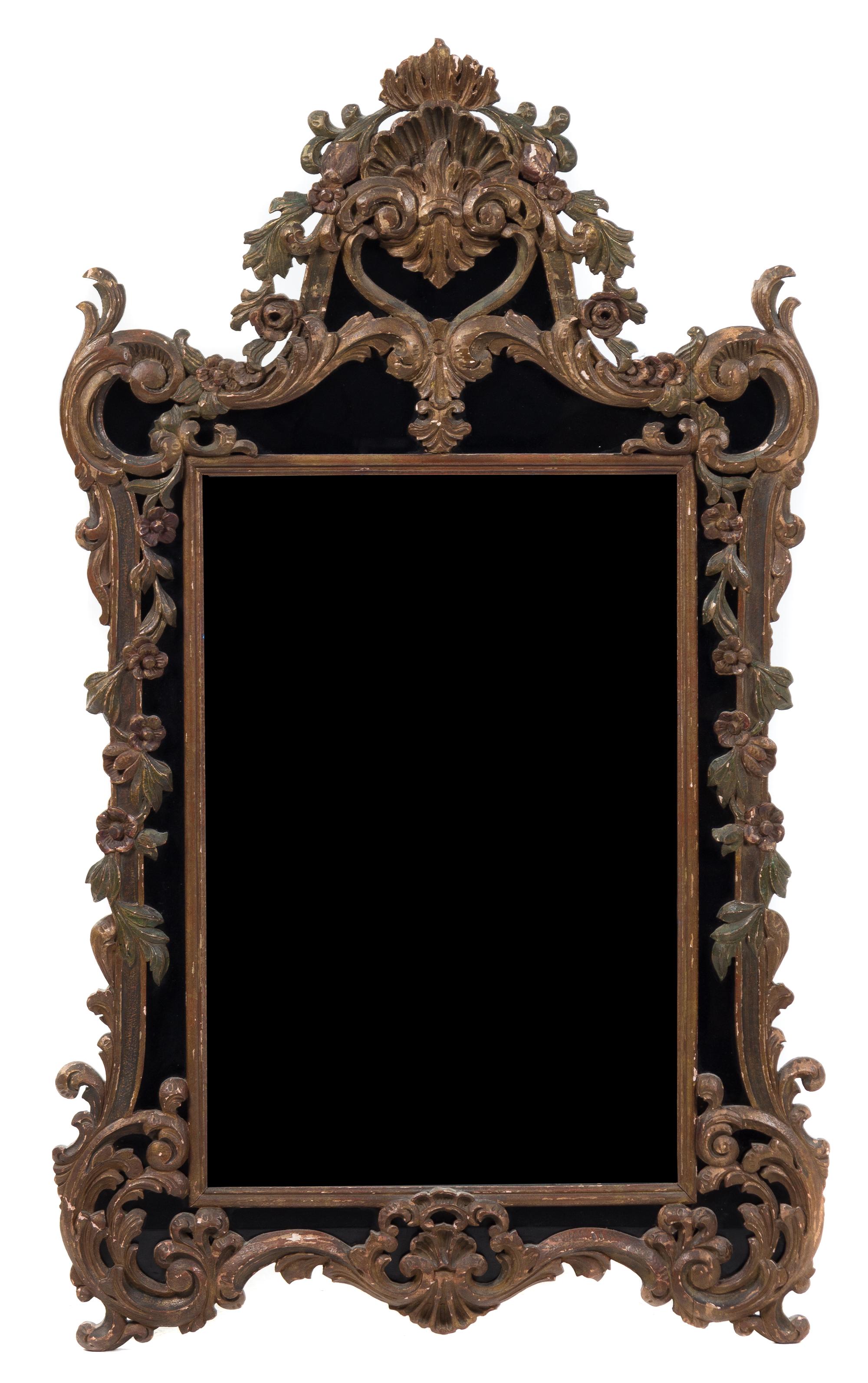 A Continental Painted and Parcel Gilt Mirror Height 52 x width 32 inches. — LATE 19TH CENTURY