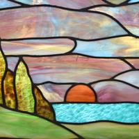 A Scenic Stained Glass Window 28" W x .25" D x 20" H — United States, 20th Century