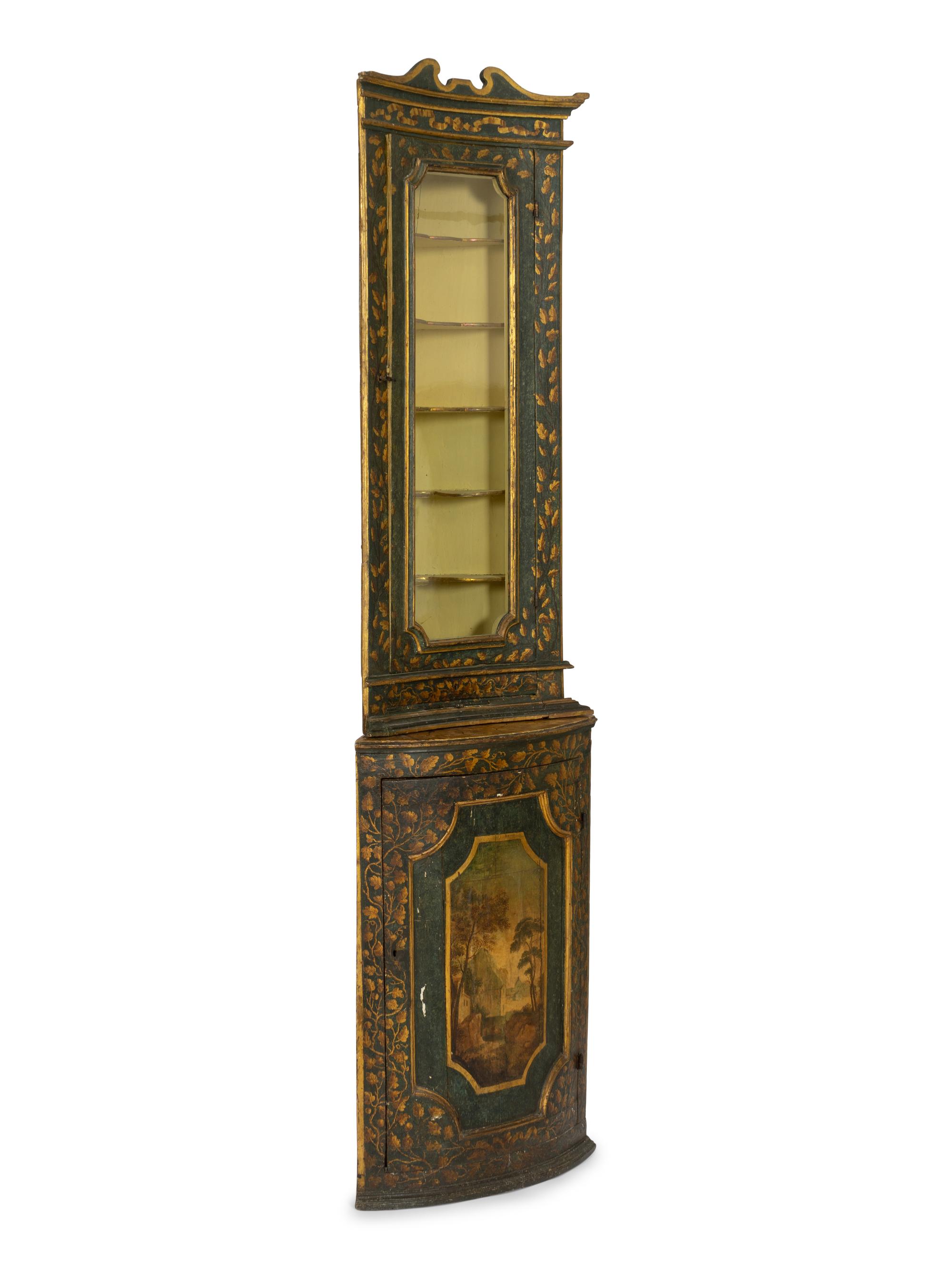 A Pair of Italian Painted Faux Marble and Parcel-Gilt Corner Cabinets