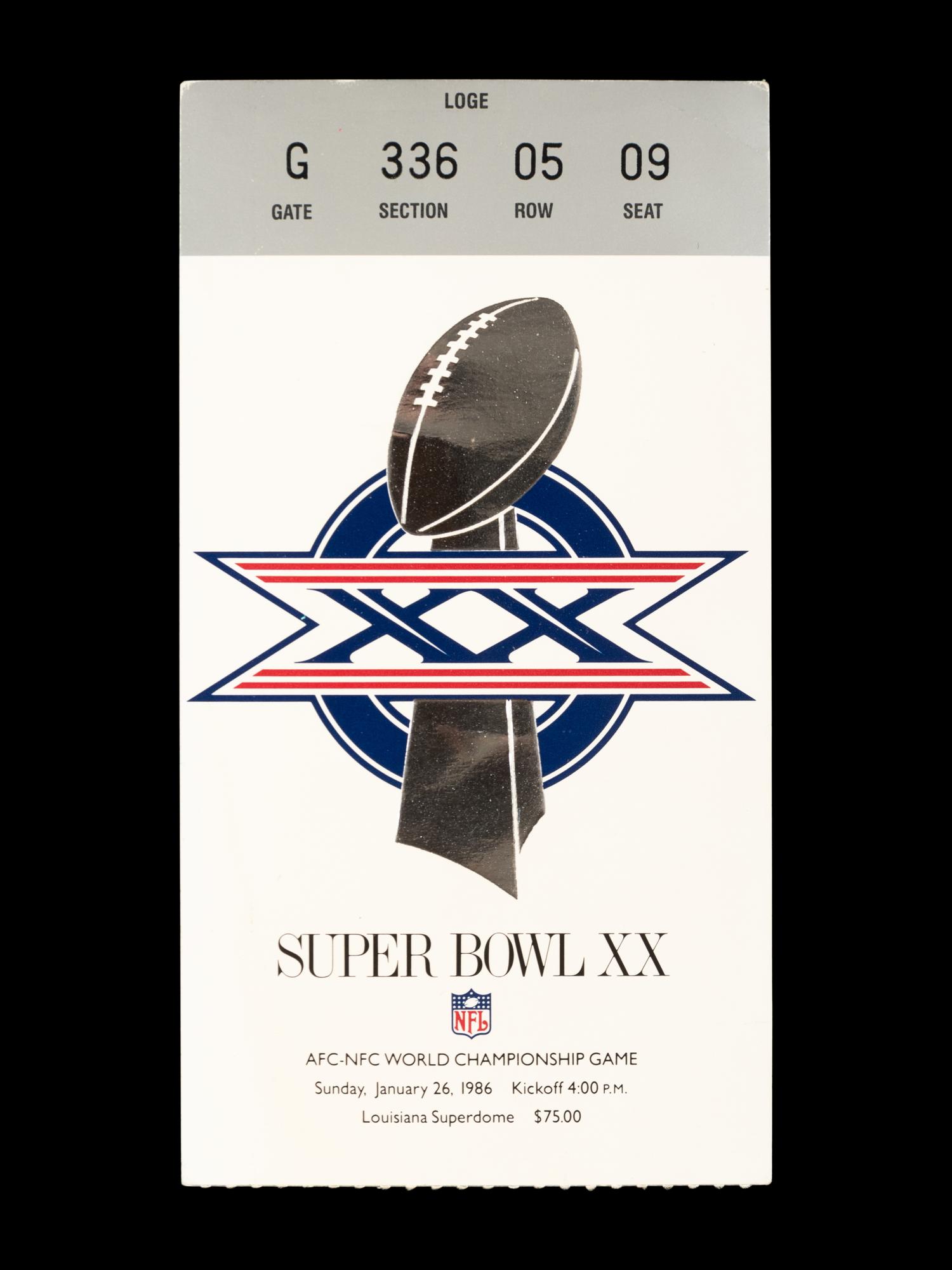 A January 26, 1986 Chicago Bears Super Bowl XX Ticket Stub (Bears 46, Patriots 10)