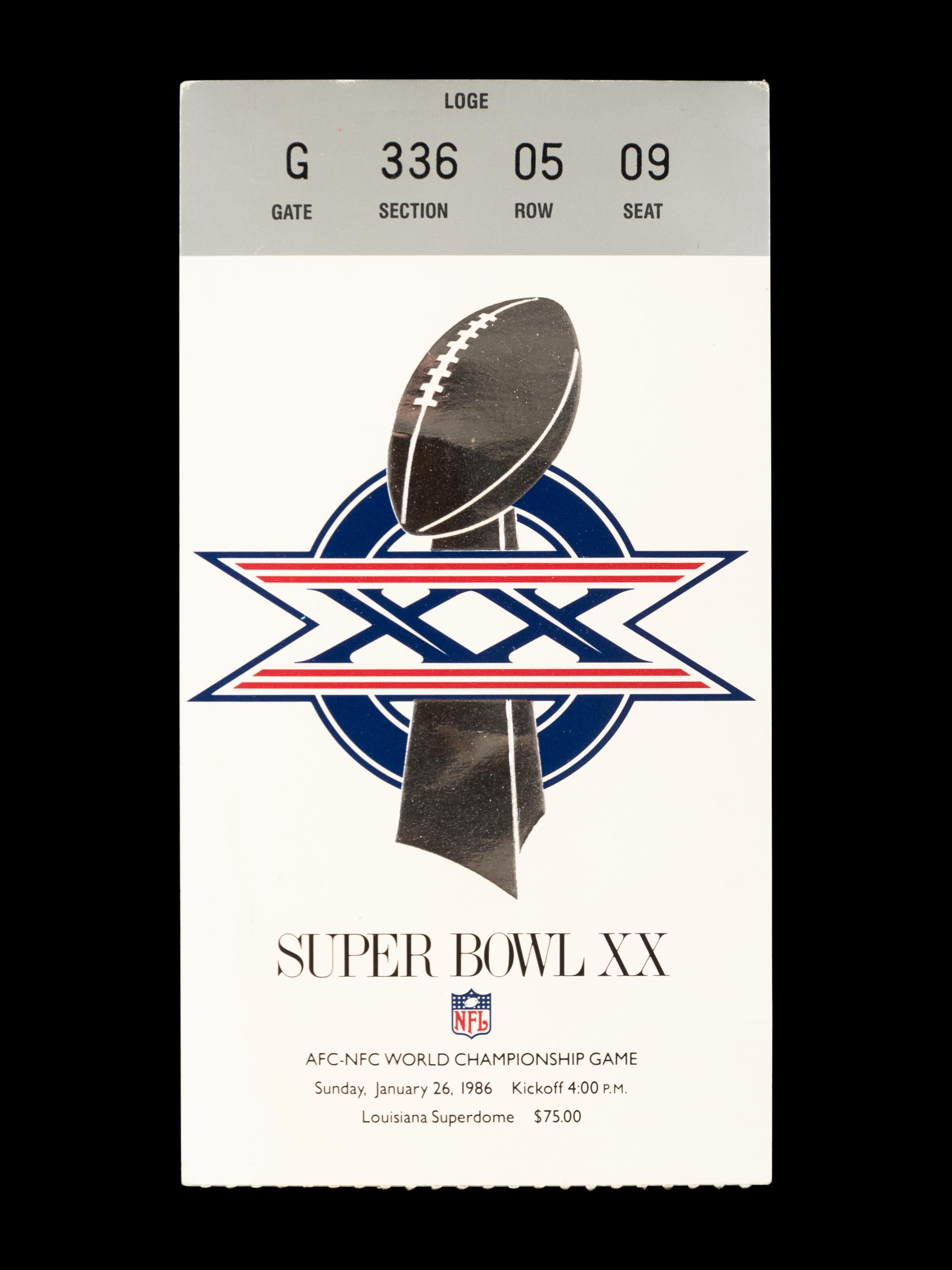 A January 26, 1986 Chicago Bears Super Bowl XX Ticket Stub (Bears 46, Patriots 10)