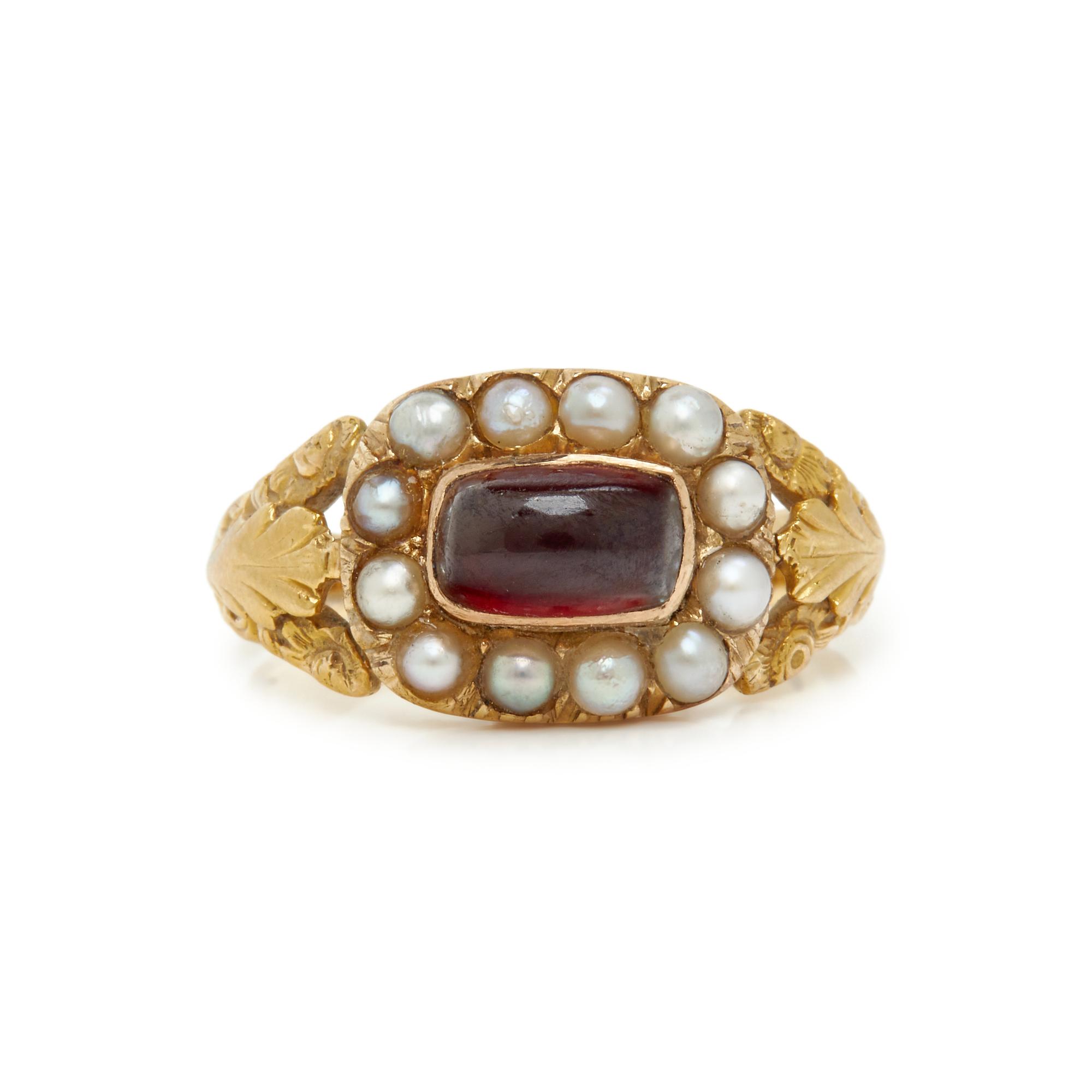 VICTORIAN, YELLOW GOLD, GARNET, AND SEED PEARL RING