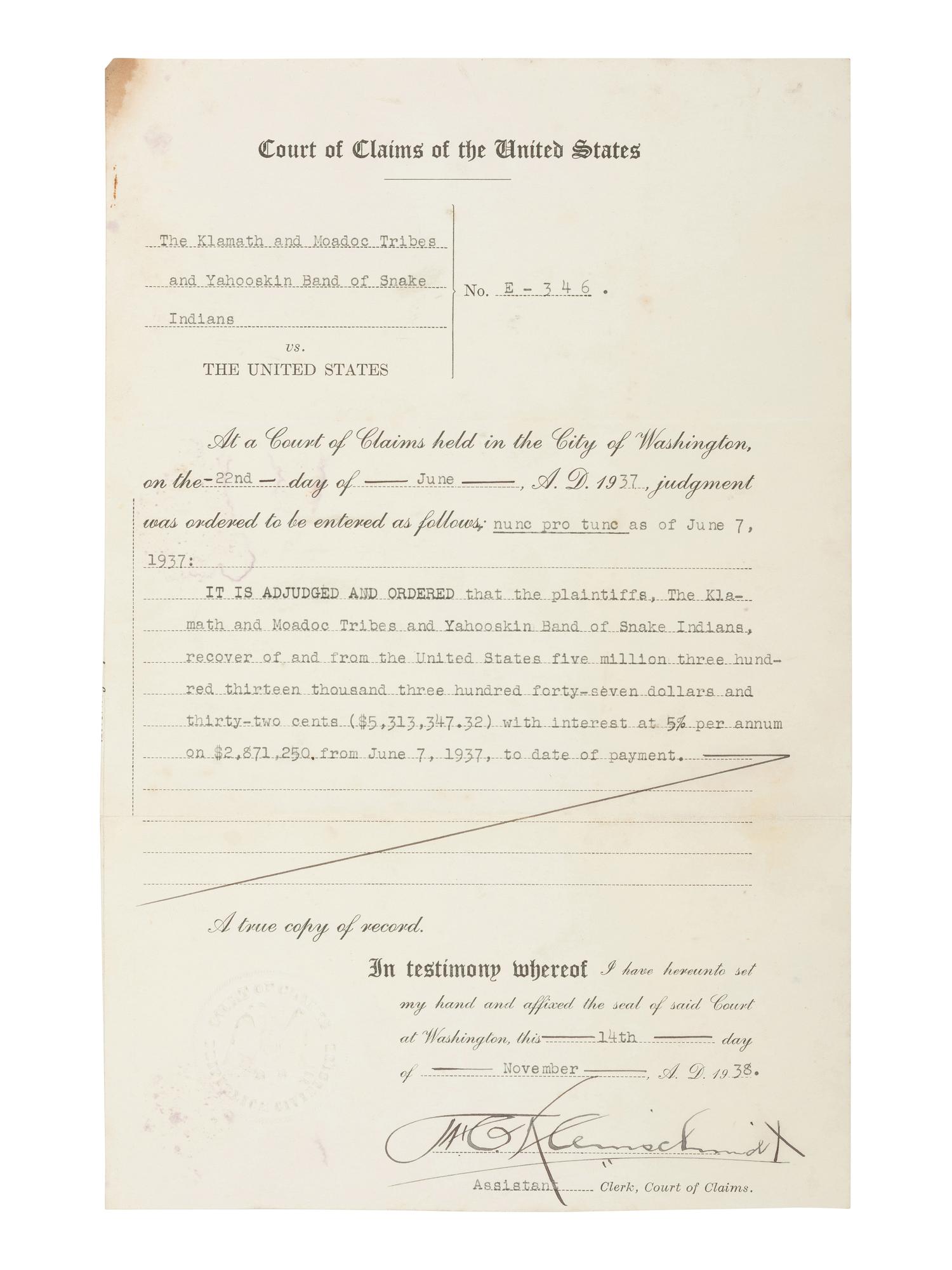 [Native Americana]. A court of claims record for Klamath & Moadoc [ sic ] Tribes...vs. The United States.