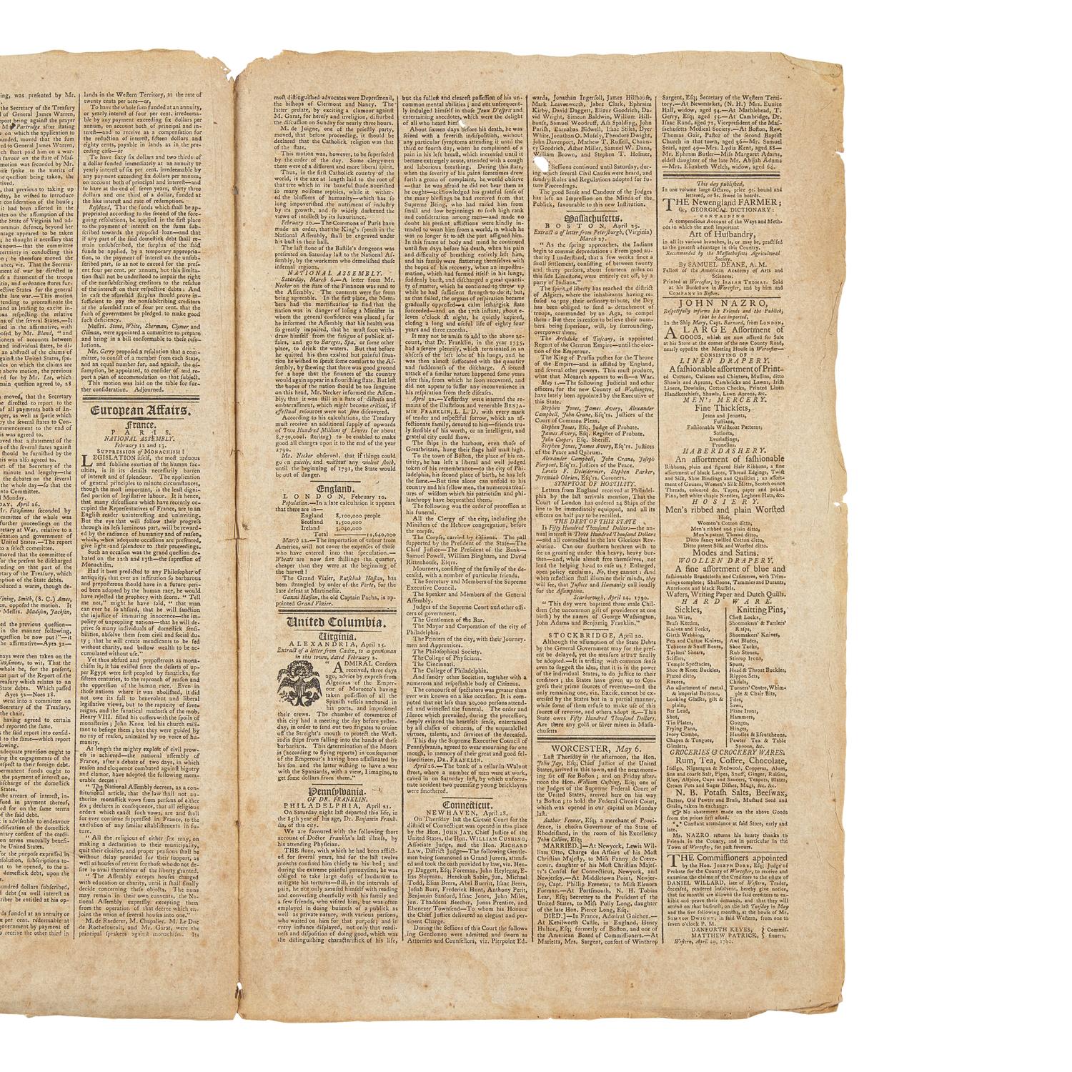 [Franklin, Benjamin] A Great American Patriot Isaiah Thomas Reports on the Death of Another: Group of 2 Periodicals Reporting the Death of Benjamin Franklin, April-May, 1790