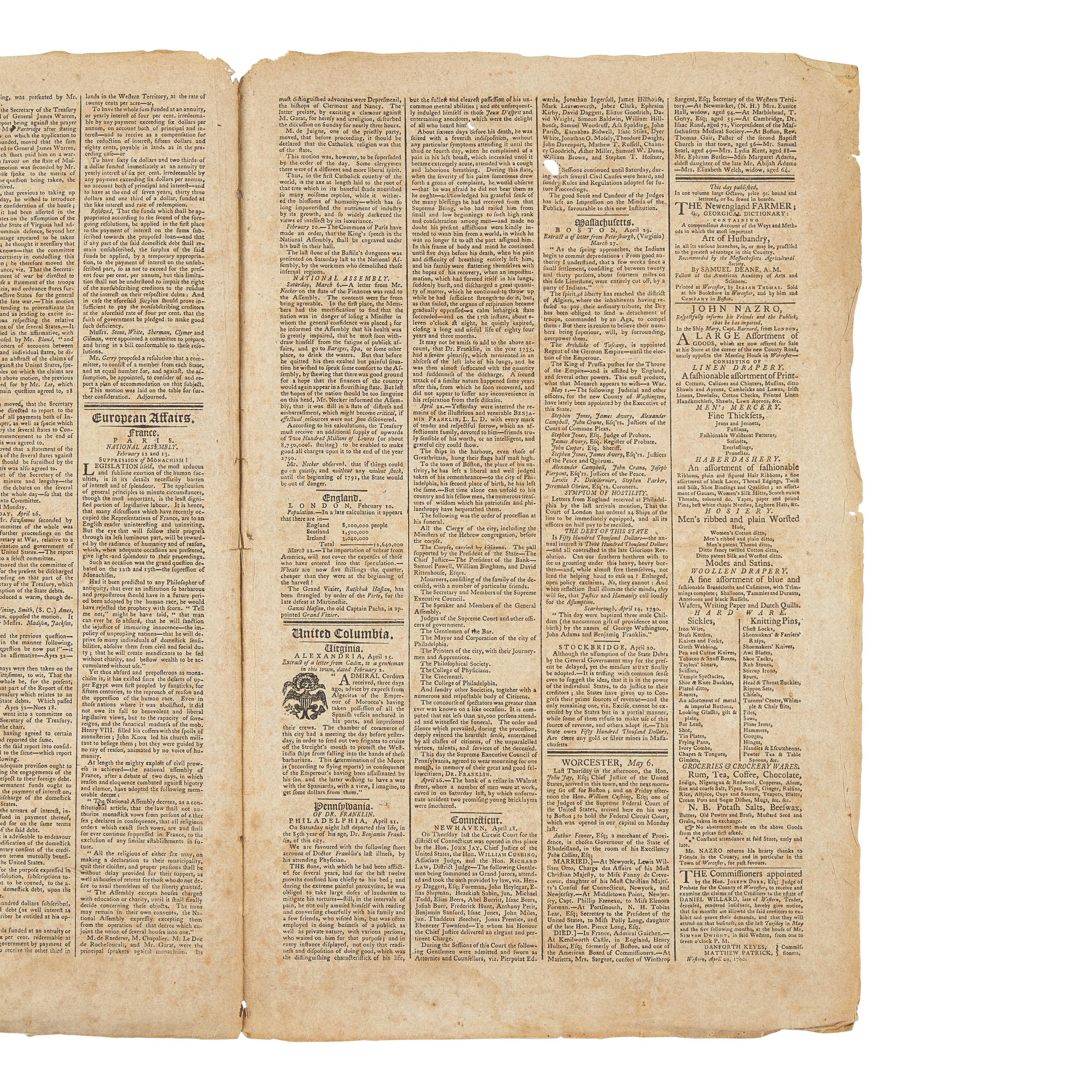 [Franklin, Benjamin] A Great American Patriot Isaiah Thomas Reports on the Death of Another: Group of 2 Periodicals Reporting the Death of Benjamin Franklin, April-May, 1790