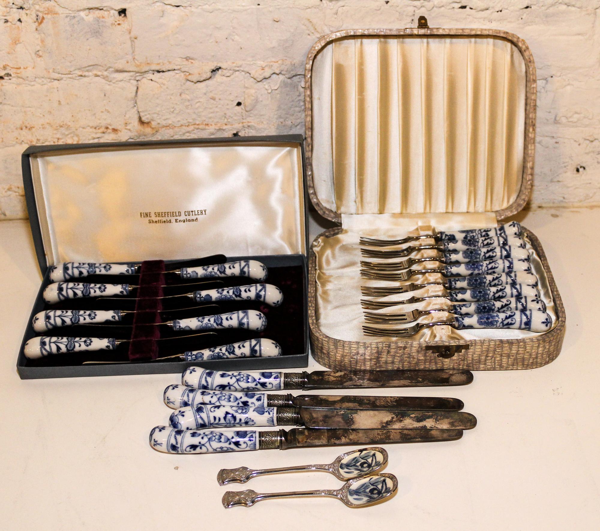 A Collection of Sheffield Silver-Plate Blue Onion Porcelain Mounted Flatware Articles Length of dinner knife 10 1/4 inches.