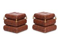 A Pair of Italian Red-Painted Carved Wood Stacked Cushion-Form Stools