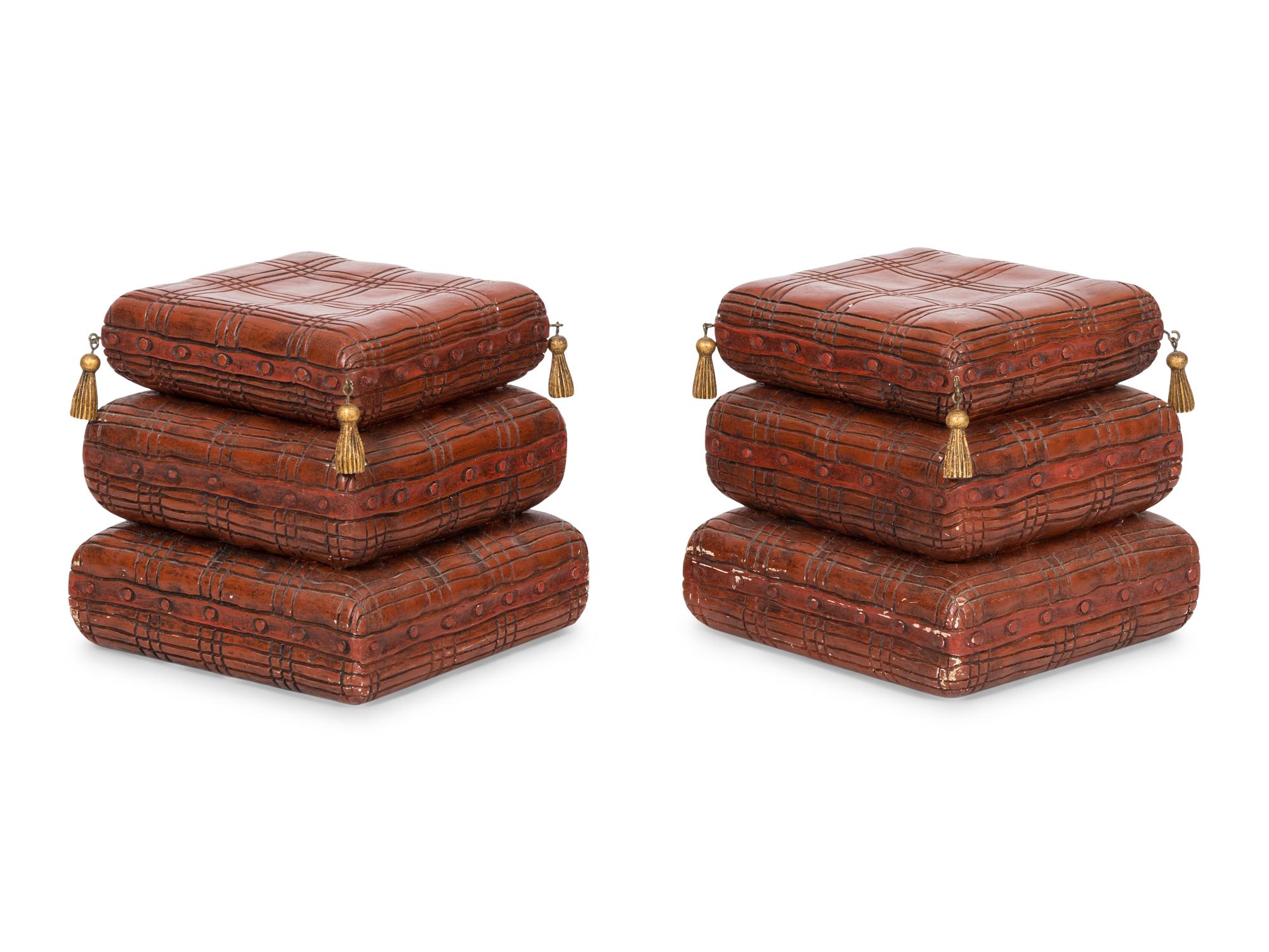 A Pair of Italian Red-Painted Carved Wood Stacked Cushion-Form Stools