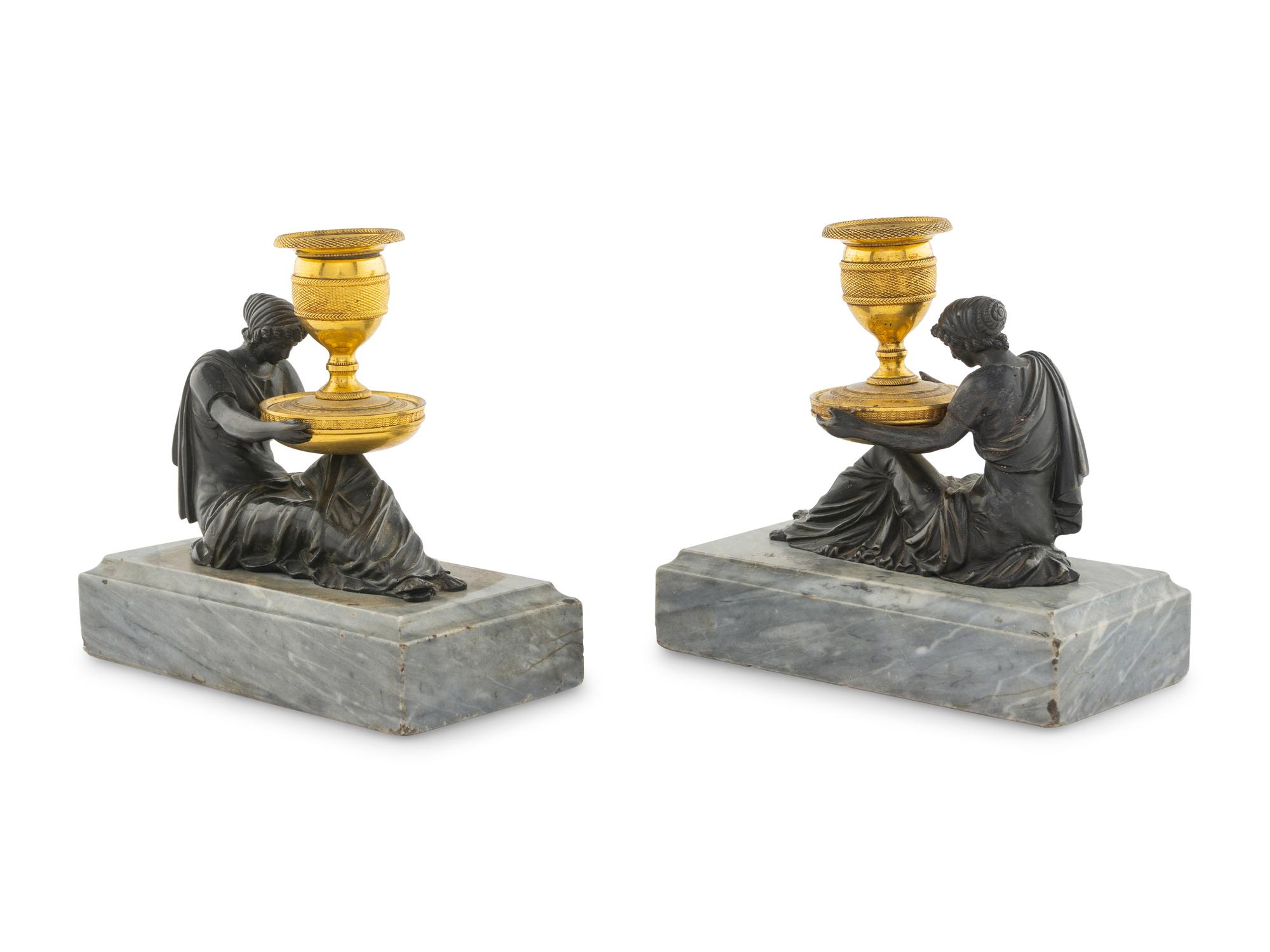 A Pair of Directoire Bronze and Marble Figural Candlesticks