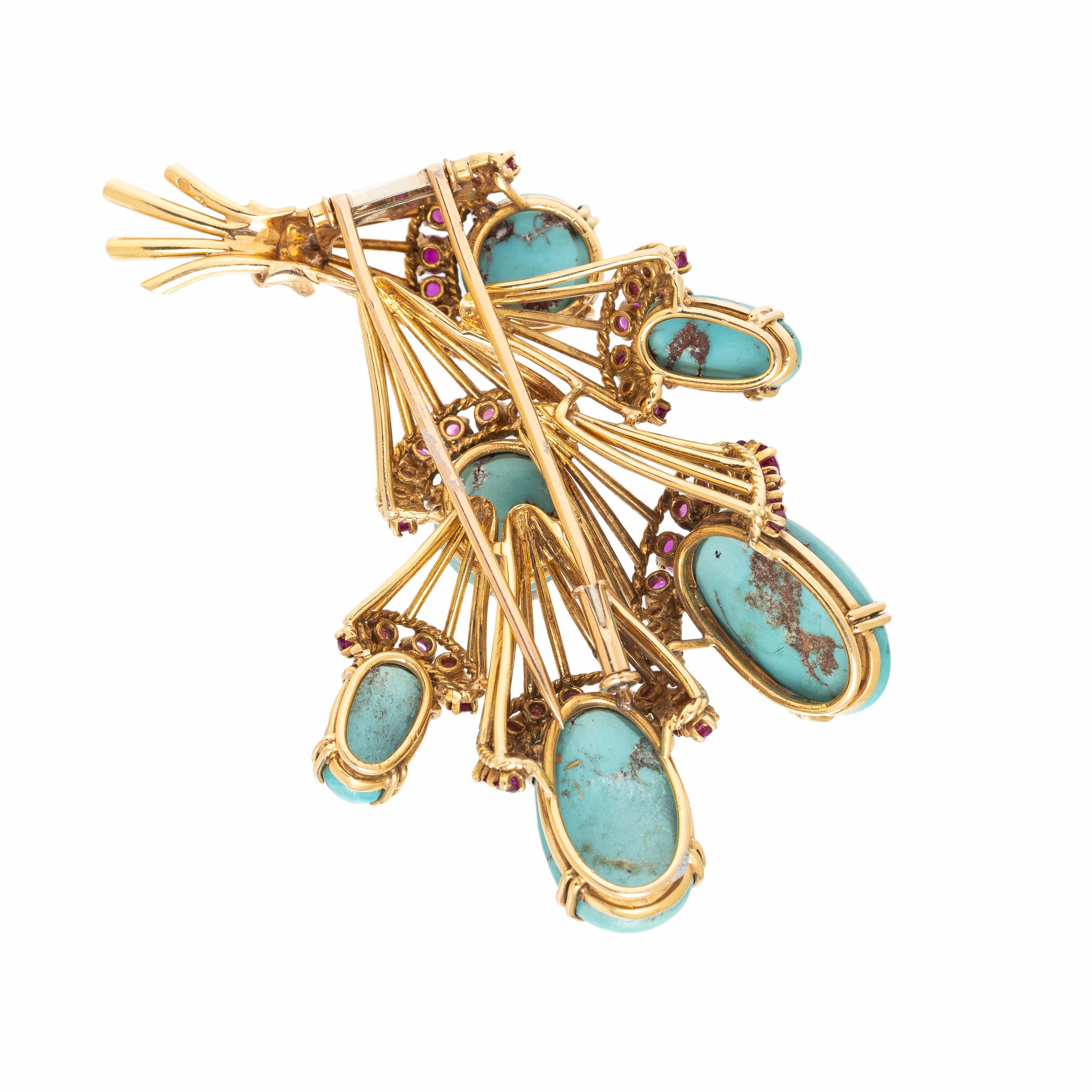 French, Turquoise, Ruby, and Yellow Gold Brooch