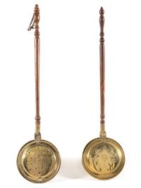 Two Engraved Brass and Wood Bed Warmers