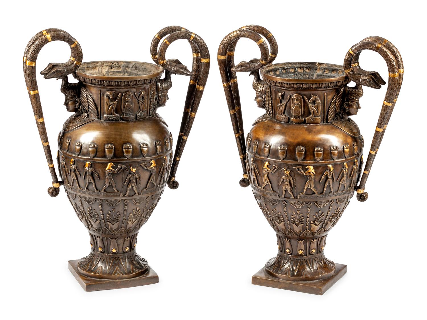 A Pair of Neo-Egyptian Style Patinated Bronze Urns
