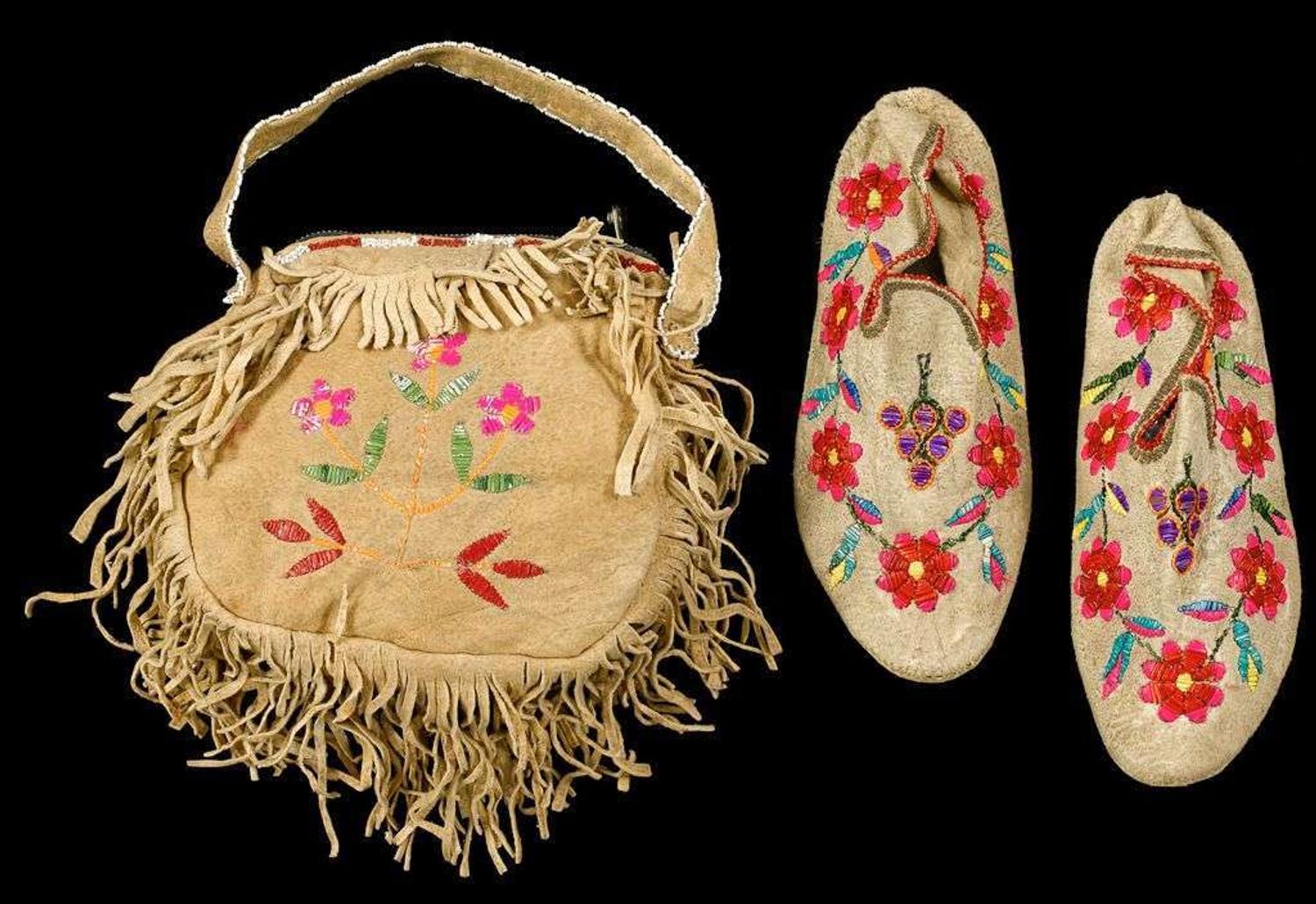 Sioux quilled hide pocketbook and pair of quilled moccasins first half 20th century