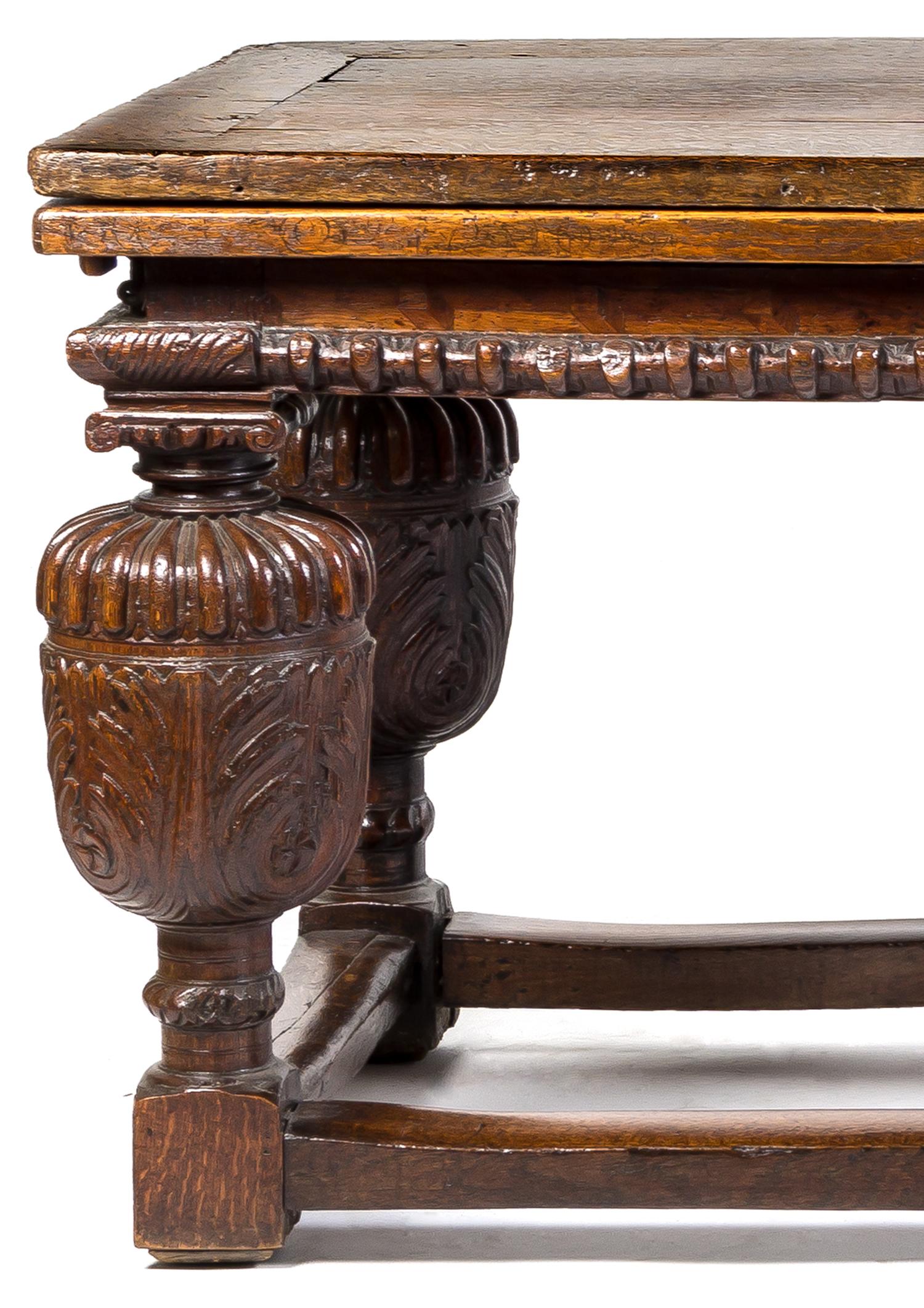 An English Oak Draw-Leaf Refectory Table Heigh 33 x width 92 1/2 x depth 36 inches (closed). — 17TH CENTURY