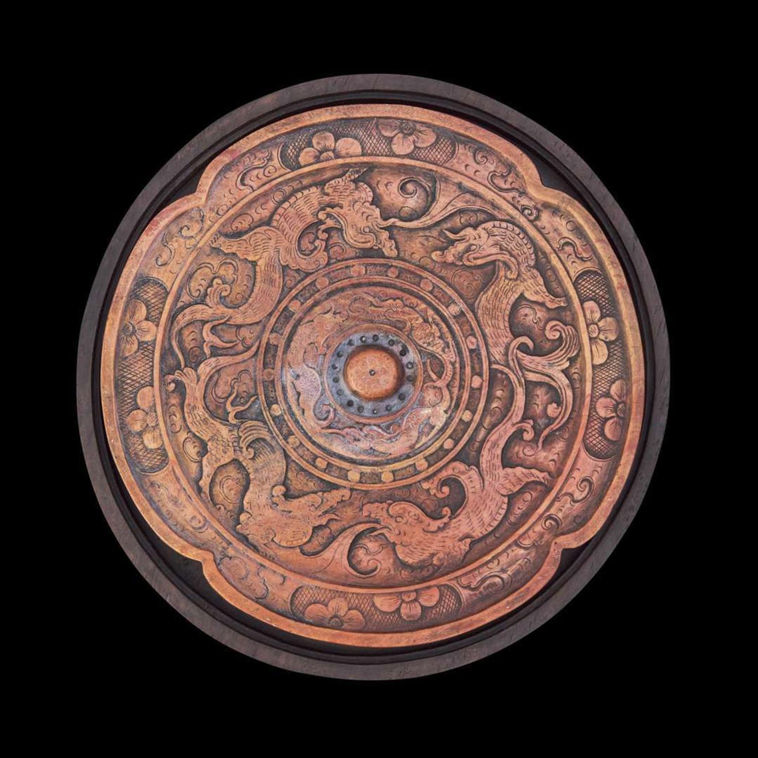 A Chinese carved "Mirror" inkstone with hardwood box 仿銅鏡硯台及木盒