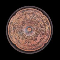A Chinese carved "Mirror" inkstone with hardwood box 仿銅鏡硯台及木盒