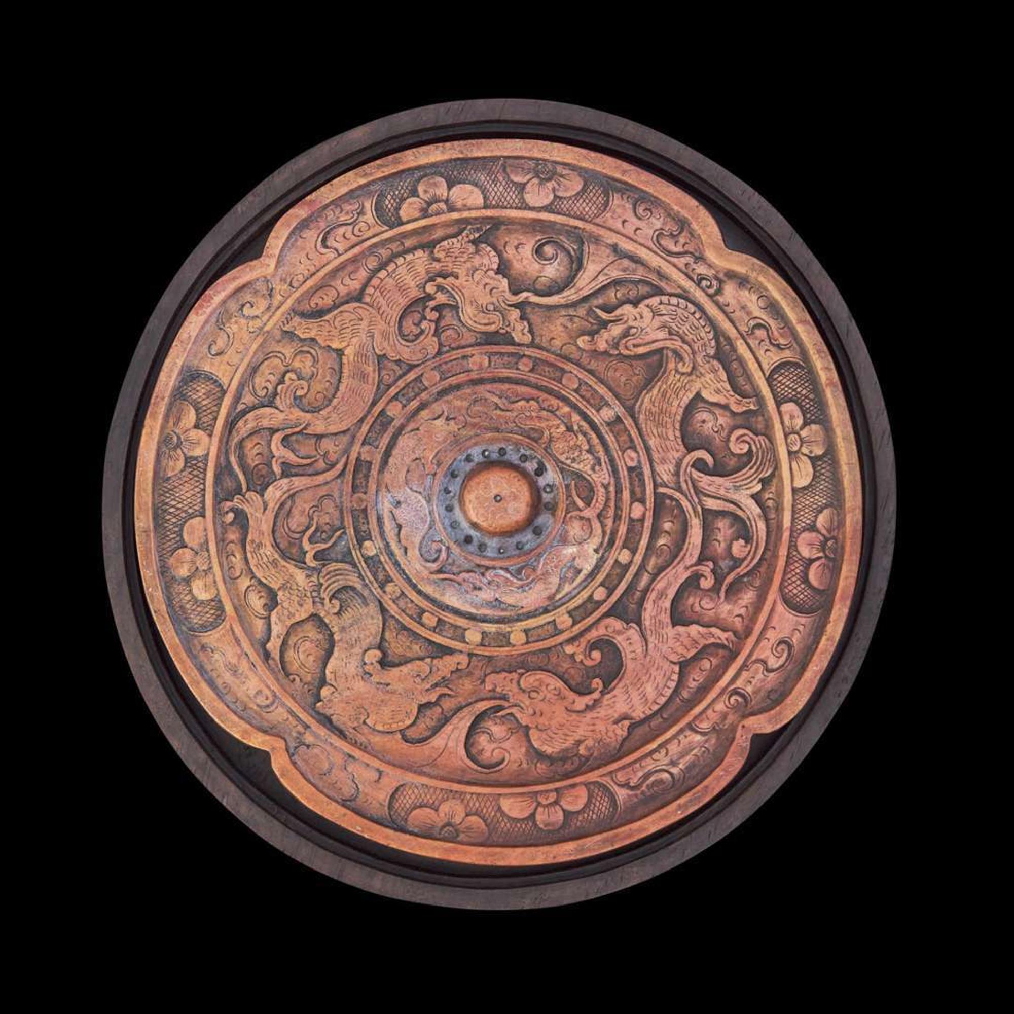 A Chinese carved "Mirror" inkstone with hardwood box 仿銅鏡硯台及木盒
