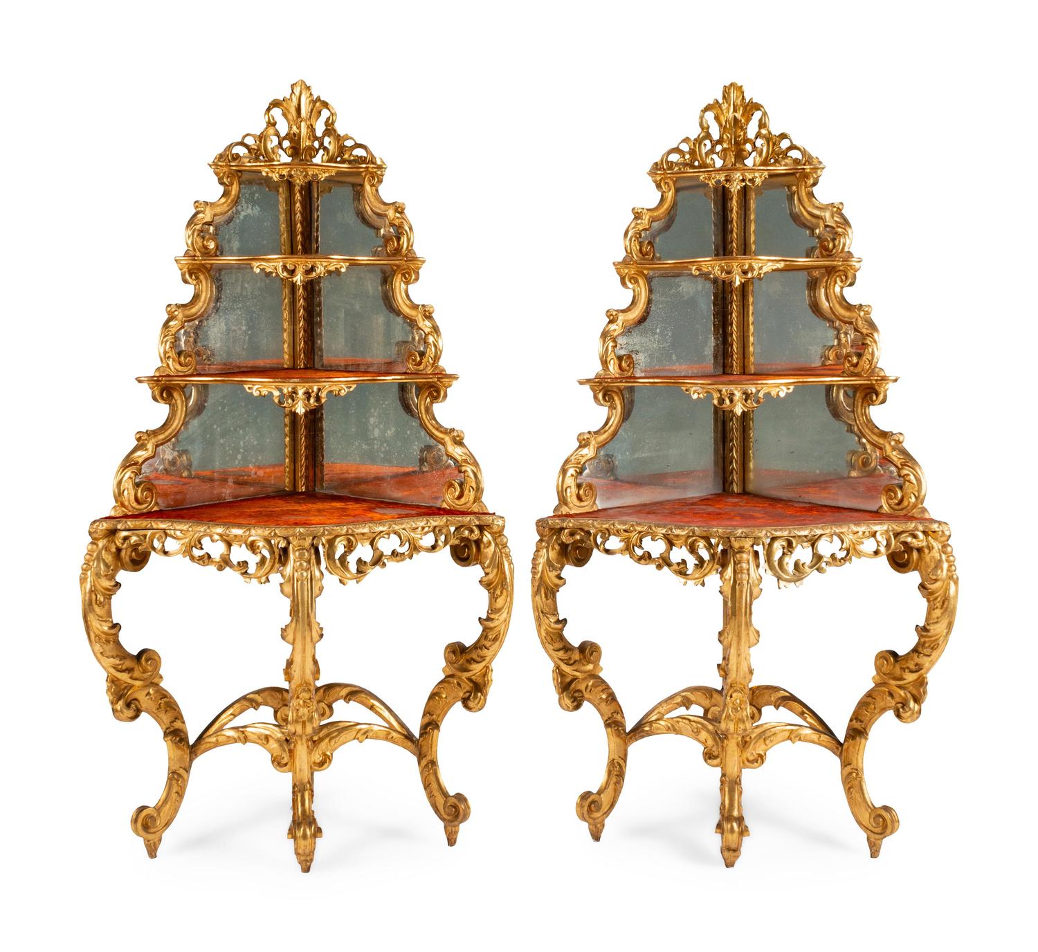 A Pair of French Giltwood Corner Étagères