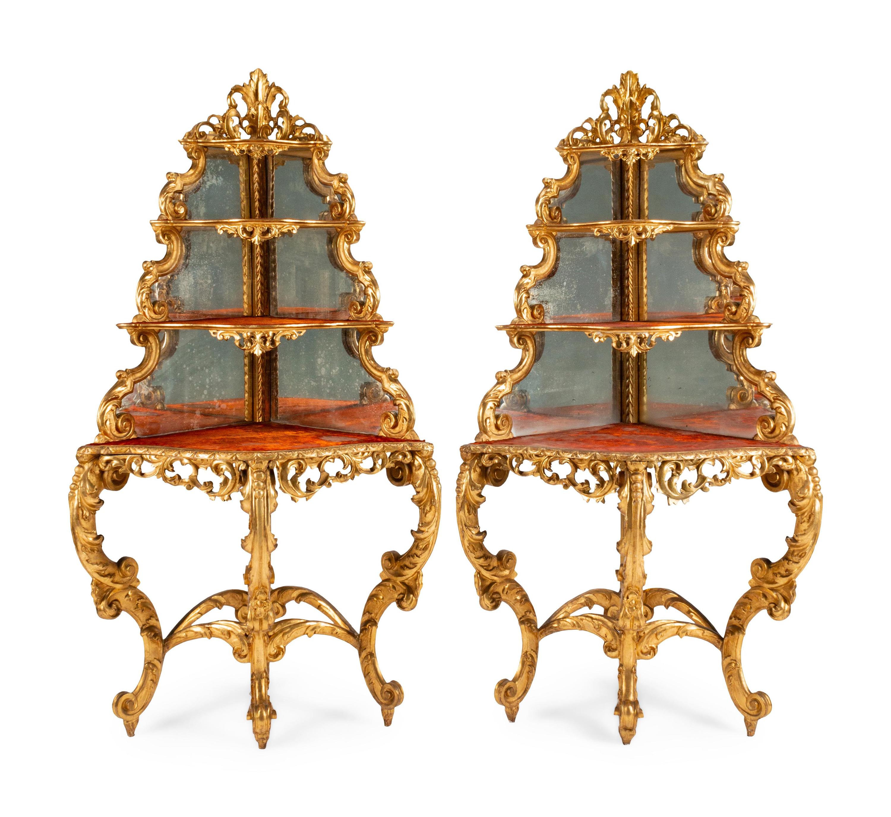 A Pair of French Giltwood Corner Étagères