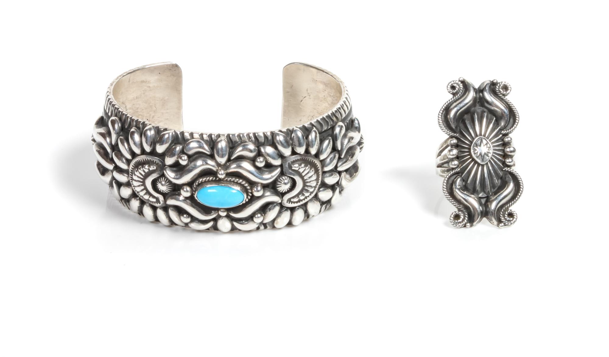 Navajo Silver and Turquoise Cuff Bracelet, Darryl Becenti (b. 1957) Length of bracelet 5 3/4 x opening 1 1/8 x width 1 1/8 inches