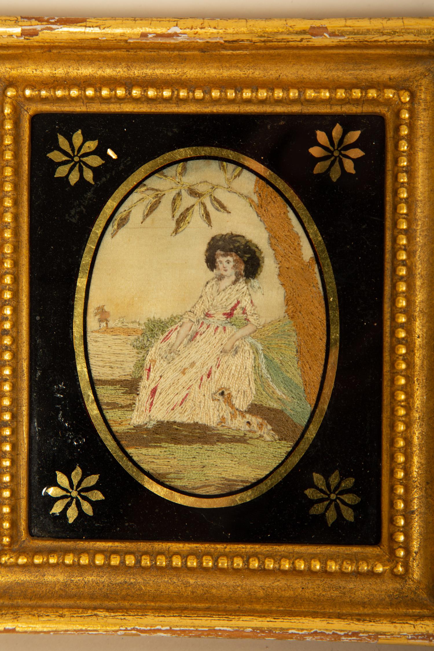 Two English Embroideries in Eglogmise and Giltwood Frames