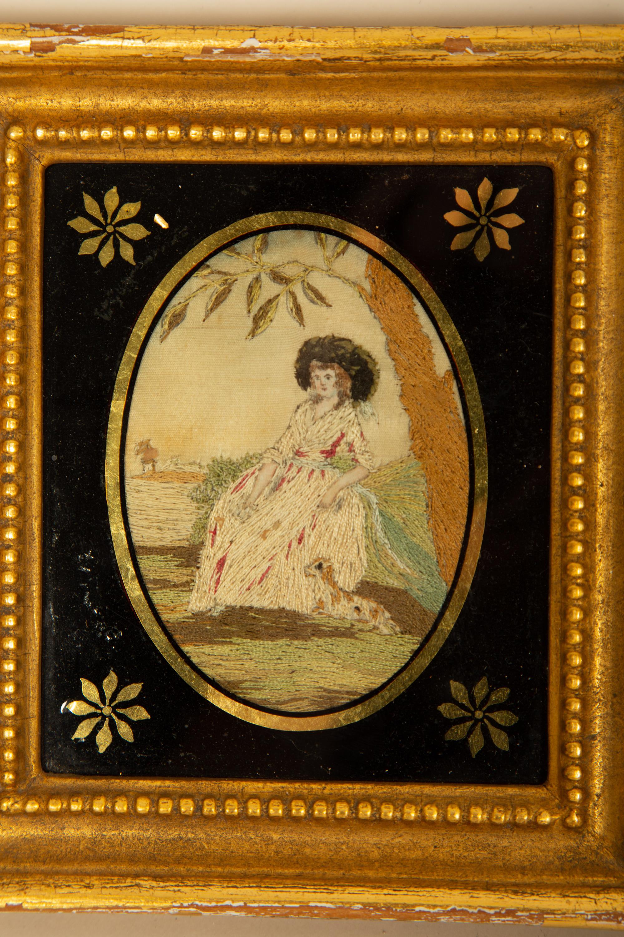 Two English Embroideries in Eglogmise and Giltwood Frames