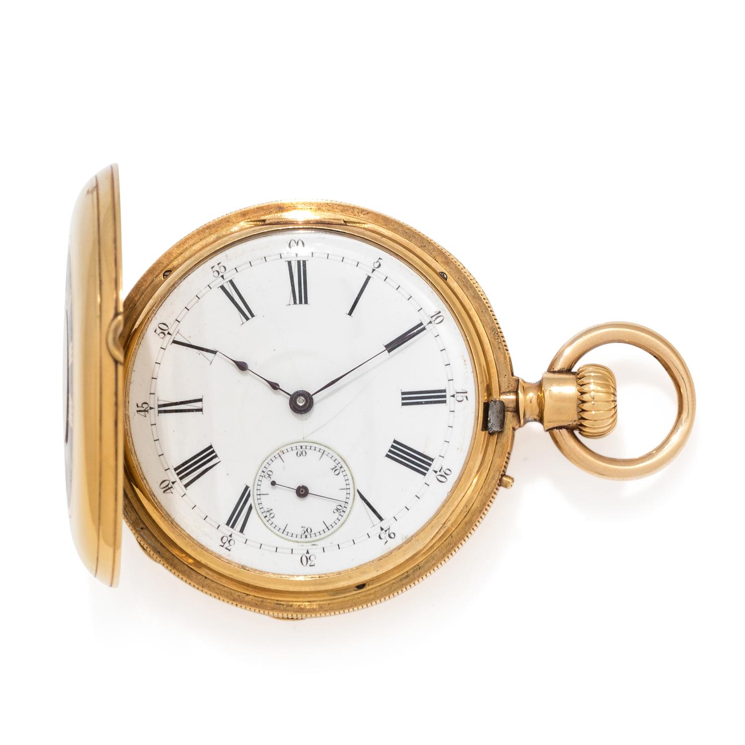 ROSSEL & FILS, D.F. BOUTTE & CO. 18K YELLOW GOLD AND ENAMEL DEMI-HUNTER POCKET WATCH