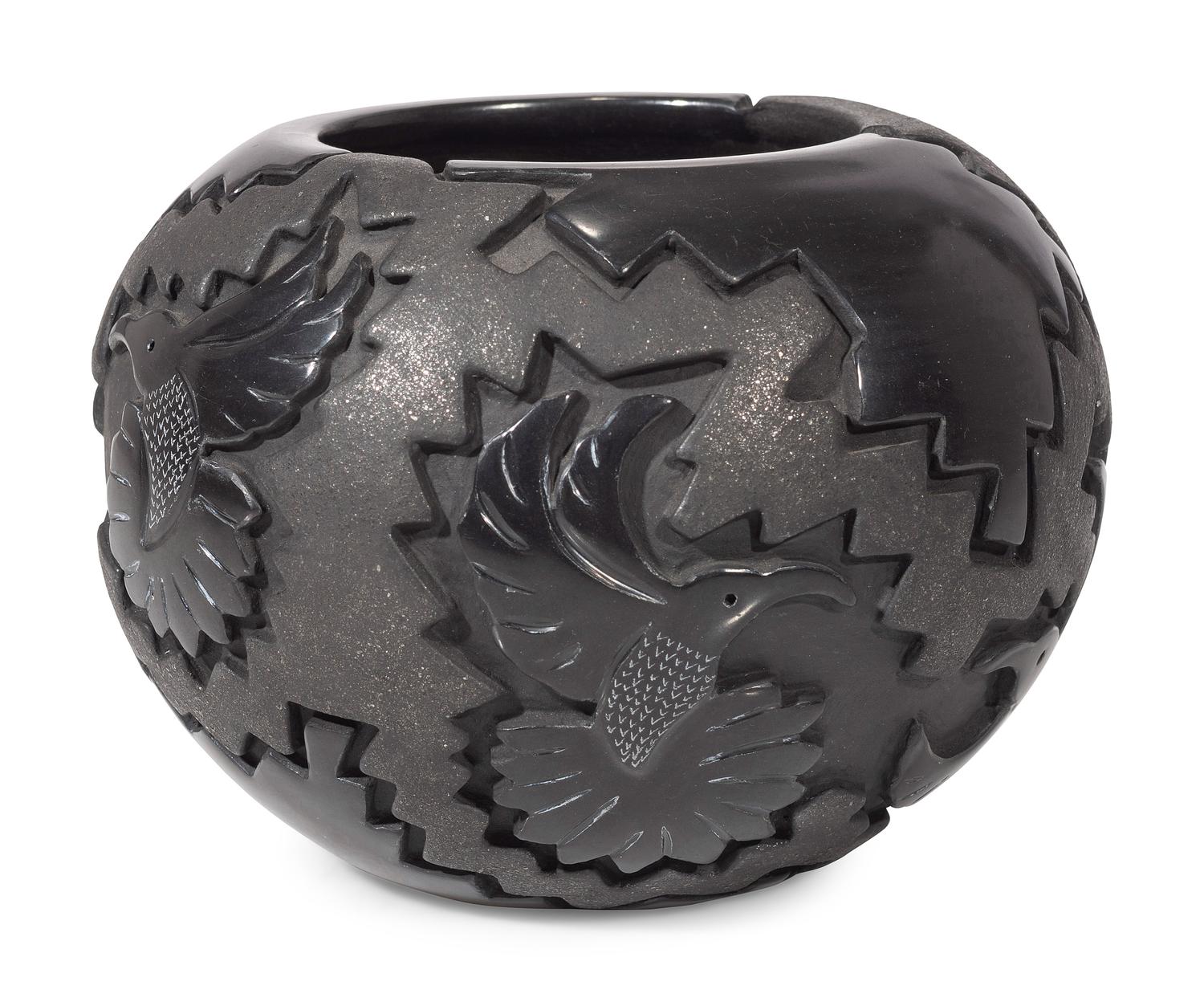 Carved Micaceous Blackware Bowl, with Hummingbirds