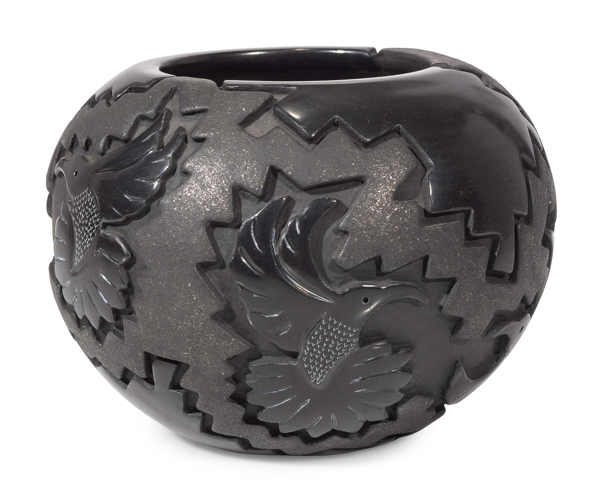 Carved Micaceous Blackware Bowl, with Hummingbirds