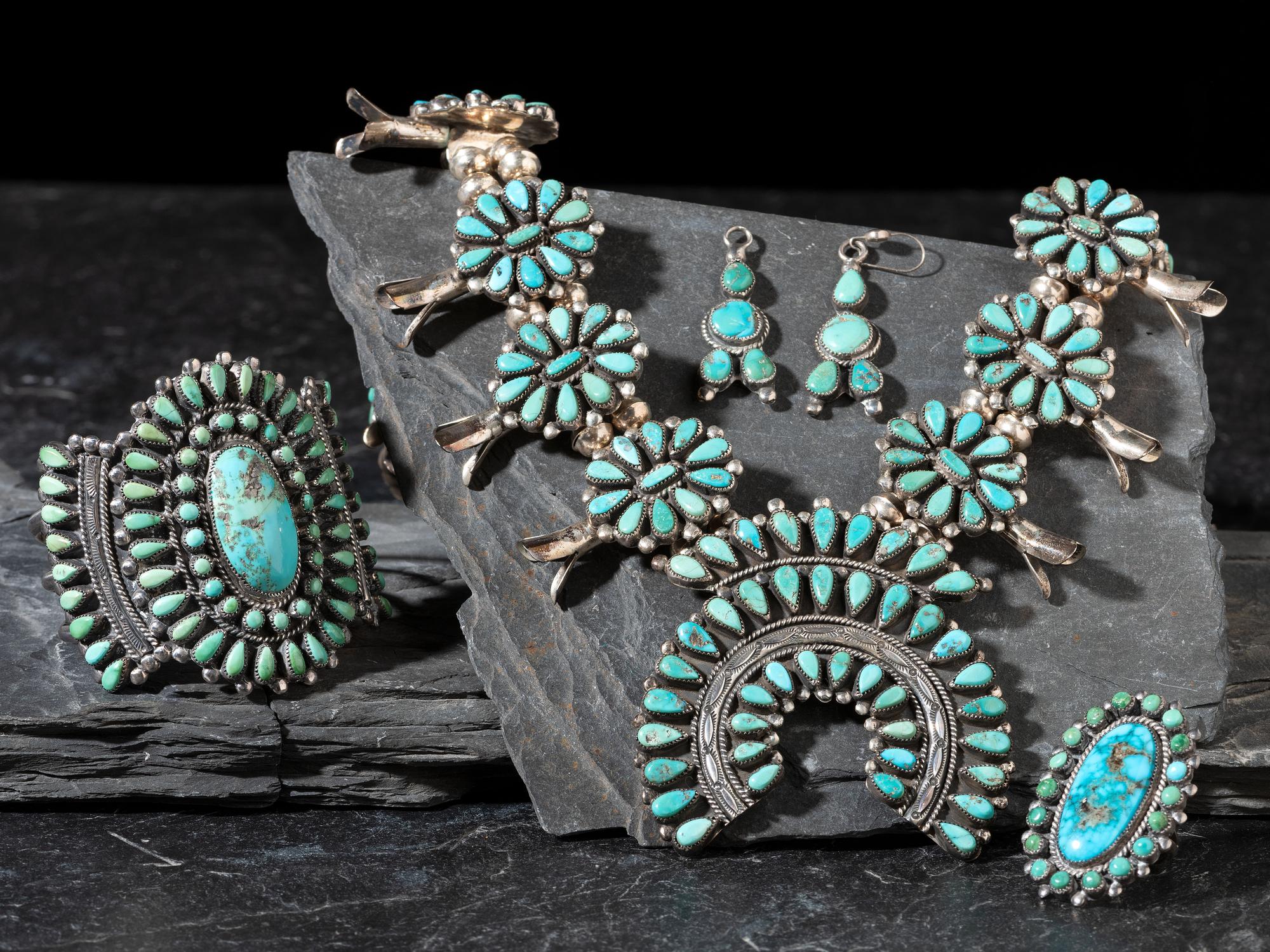 Turquoise Cluster Squash Blossom Necklace Suite