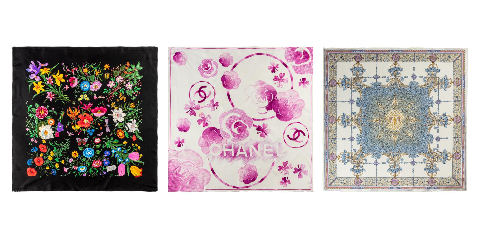 Three Designer Silk Scarves: One Chanel, Two Gucci, 2010-20s