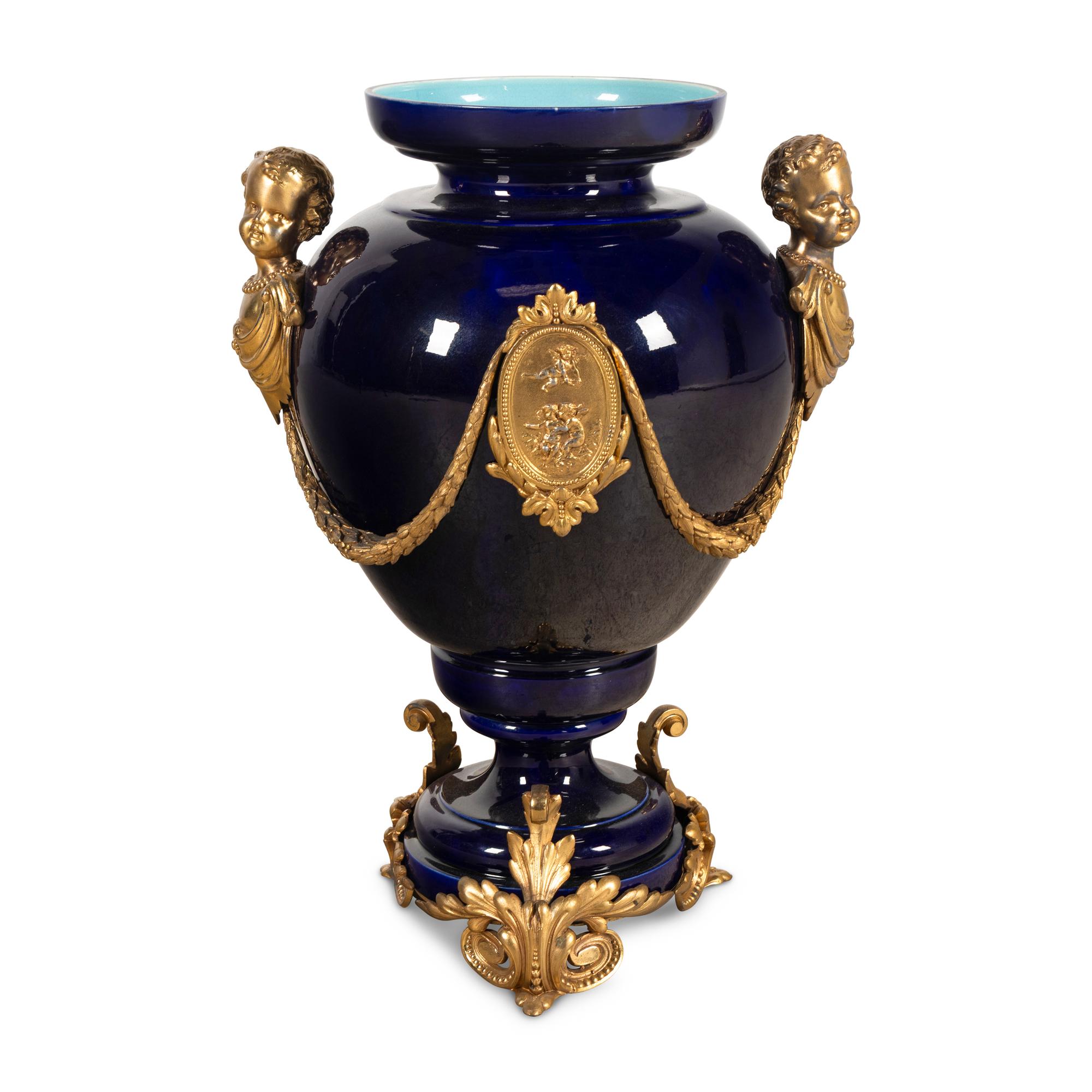 A Large Napoleon III Style Gilt-Bronze Mounted Cobalt-Glazed Porcelain Urn