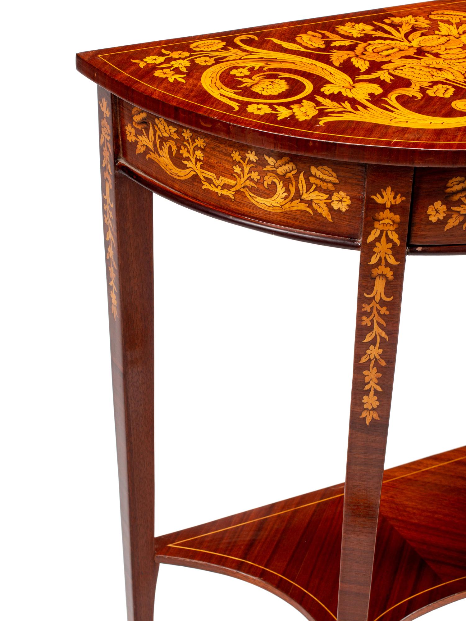 A Pair of Dutch Marquetry Demilune Side Tables