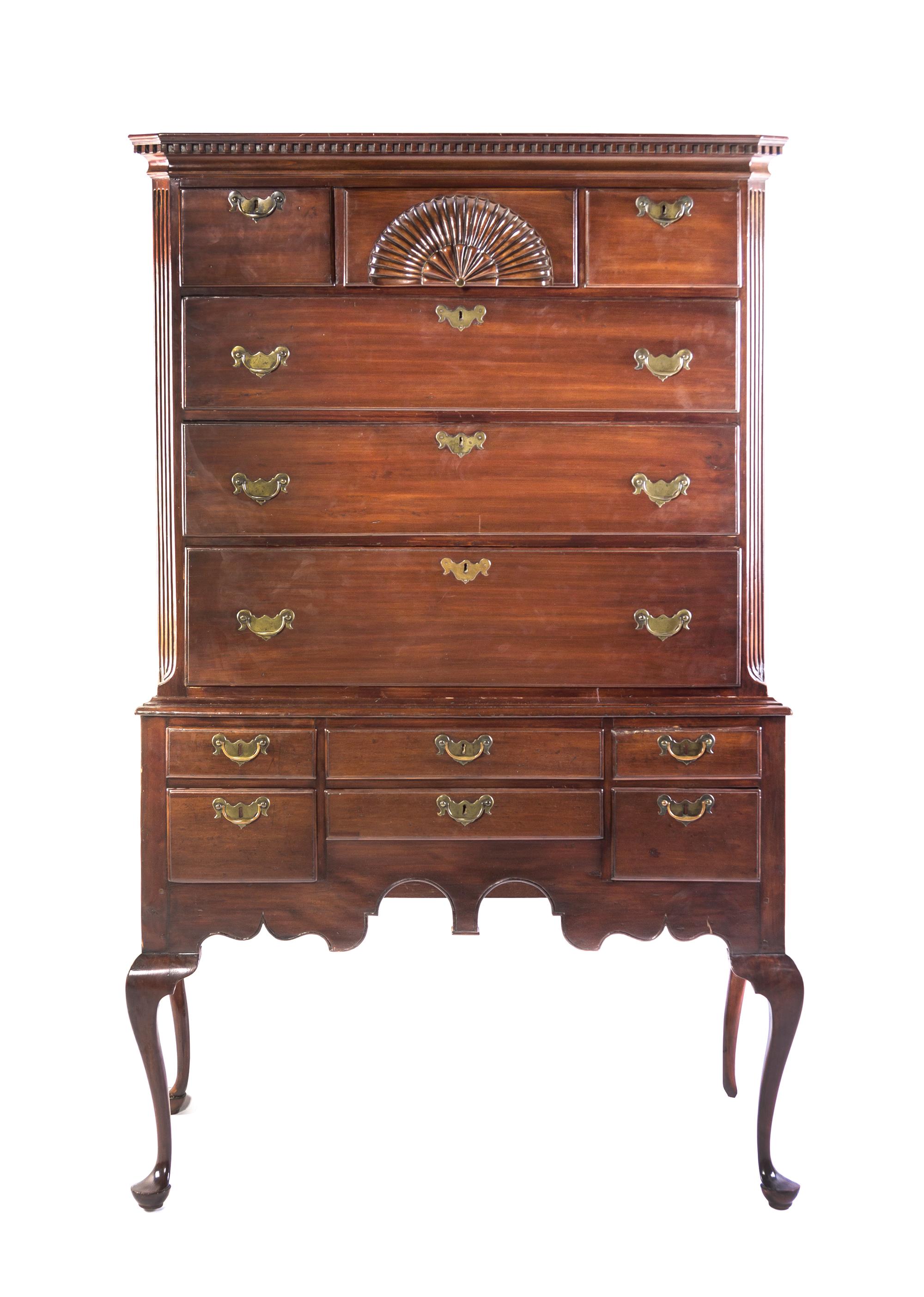 An American Queen Anne Mahogany Highboy, 18TH CENTURY, JOHN ACKLEY, NEW YORK, Height 72 x width 45 x depth 22 1/2 inches. — 18TH CENTURY, JOHN ACKLEY, NEW YORK,
