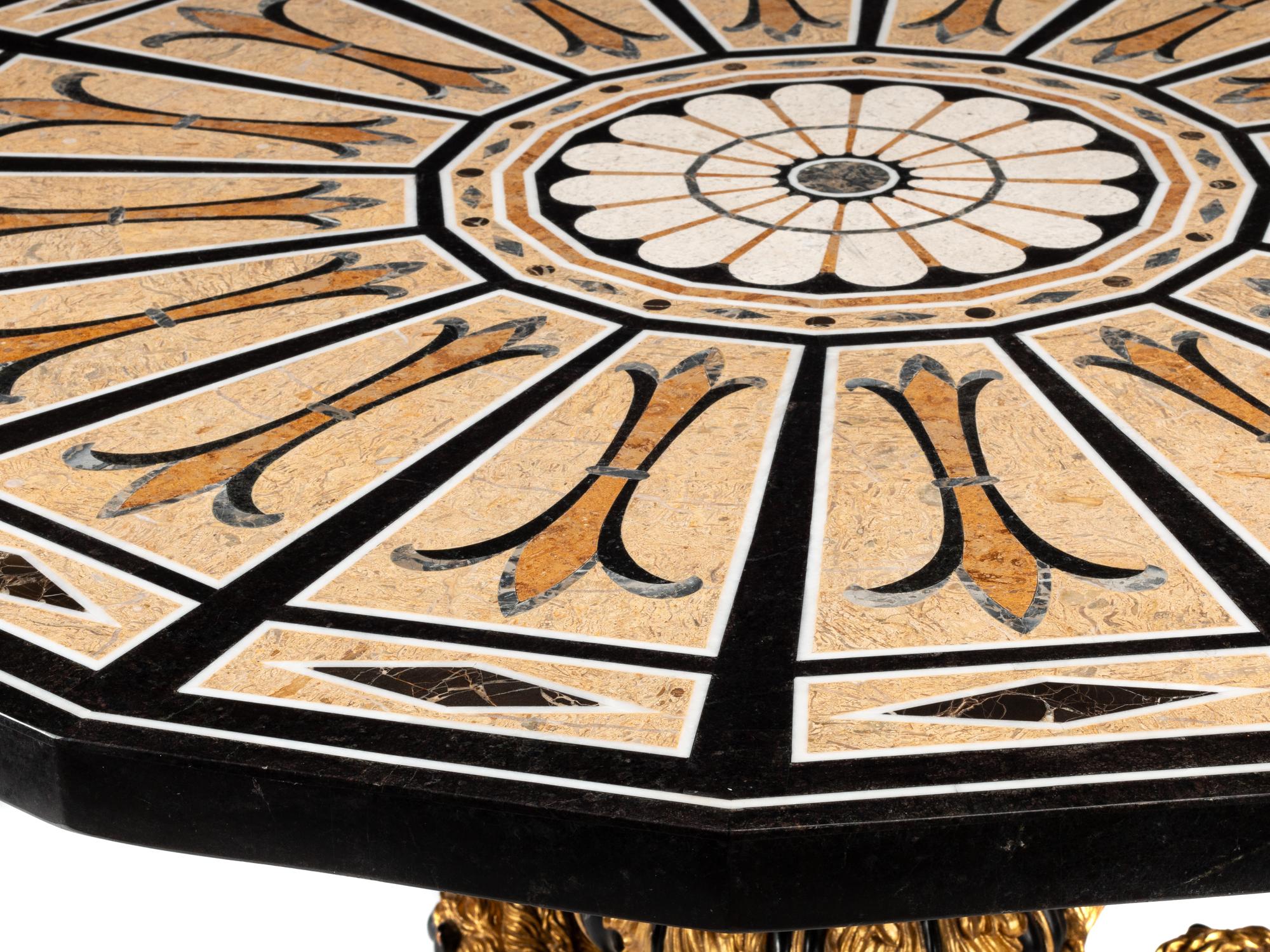 A Continental Black-Painted and Parcel Gilt Inlaid Marble-Top Center Table