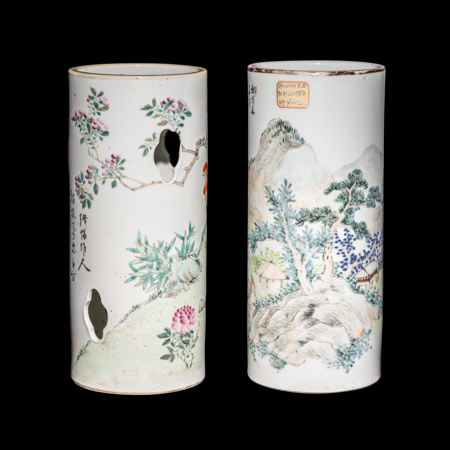 Two Chinese Qianjiang Enameled Porcelain Hat Stands, Late Qing Dynasty 清晚期 淺絳彩花鳥山水詩文帽筒兩件