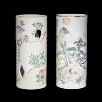 Two Chinese Qianjiang Enameled Porcelain Hat Stands, Late Qing Dynasty 清晚期 淺絳彩花鳥山水詩文帽筒兩件