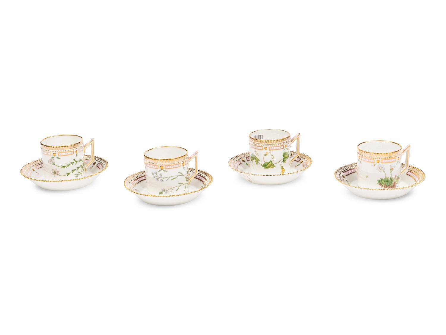 A Set of Four Royal Copenhagen Flora Danica Porcelain Coffee Cups and Saucers