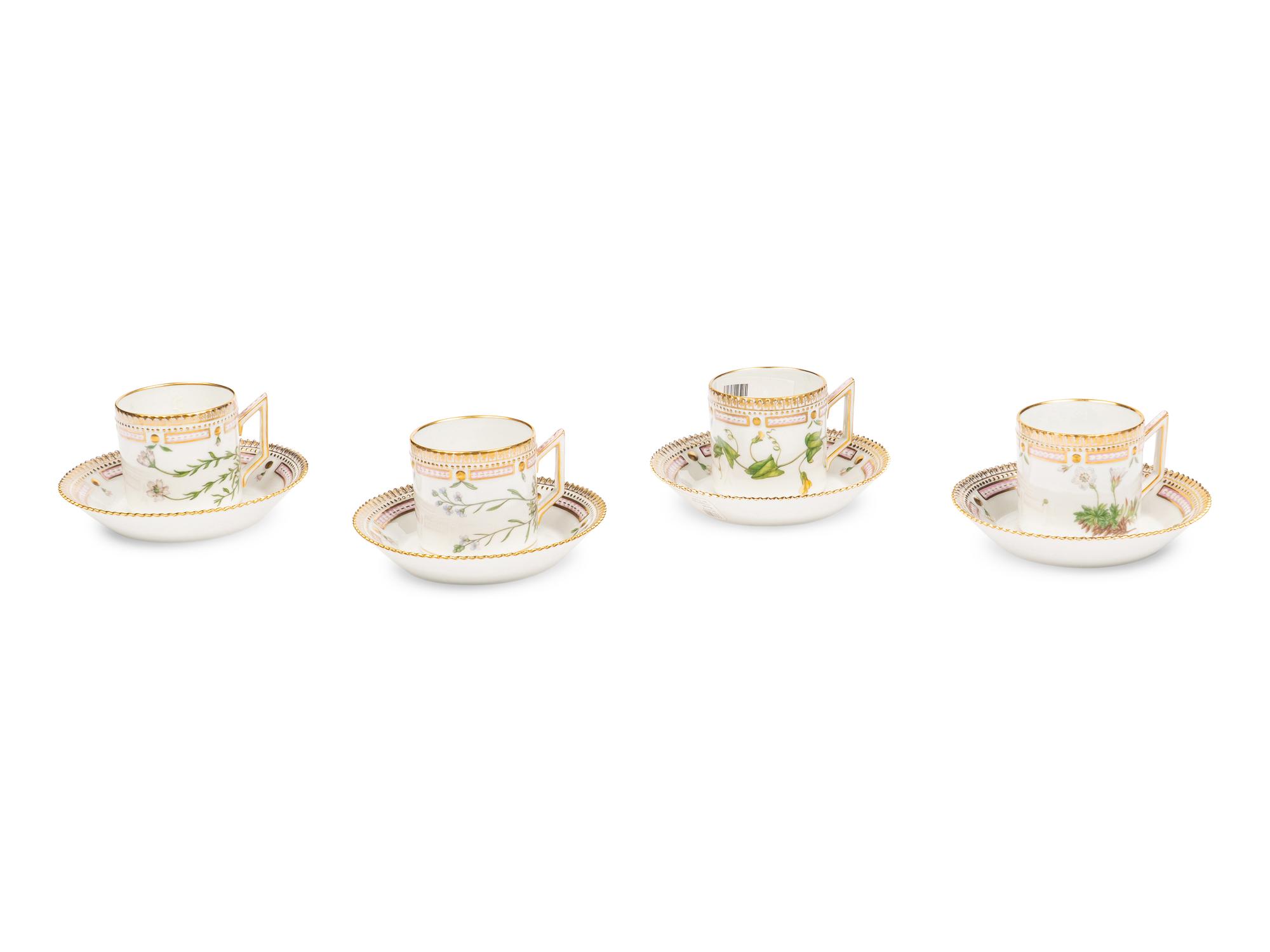 A Set of Four Royal Copenhagen Flora Danica Porcelain Coffee Cups and Saucers