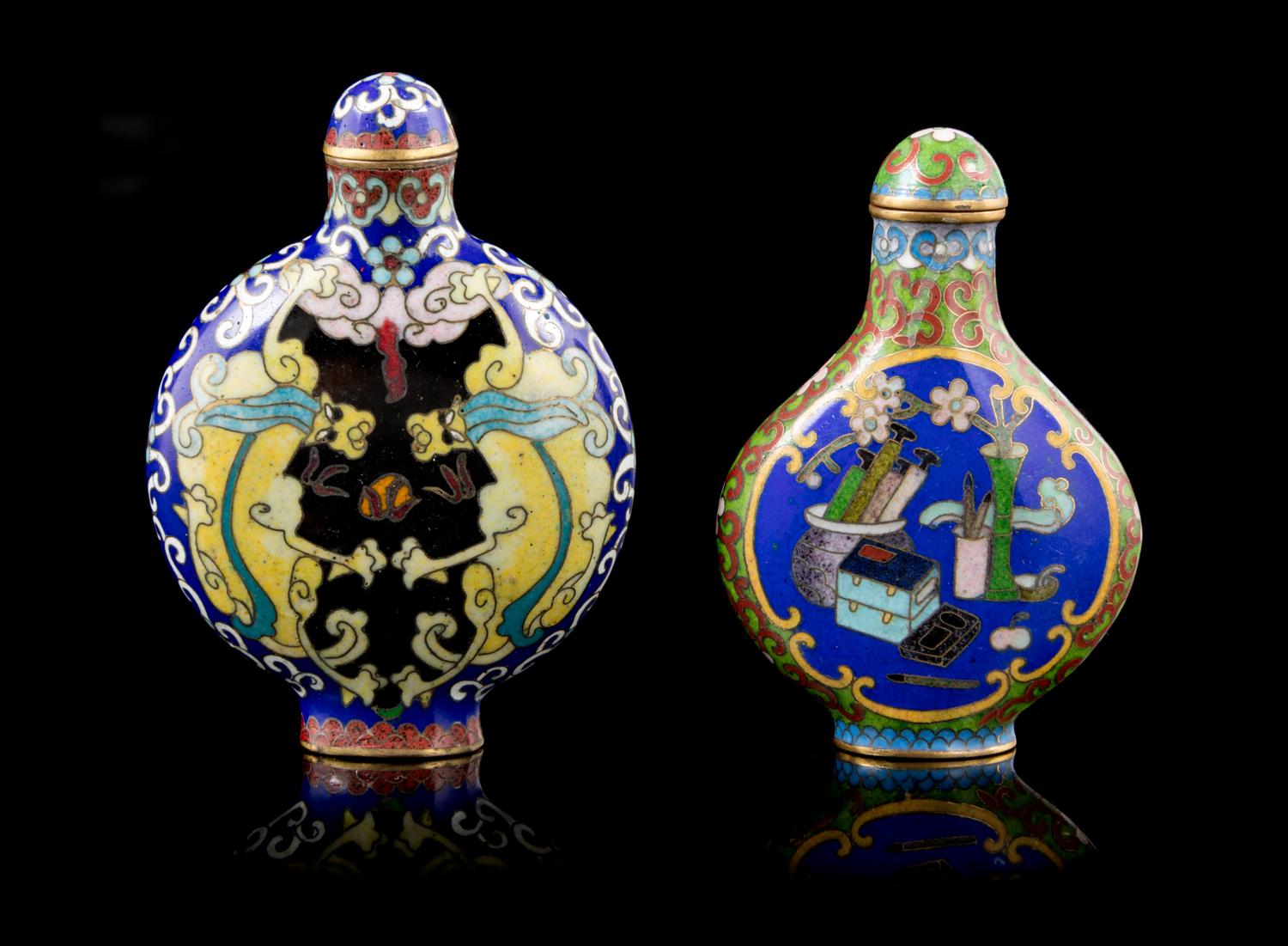 Two Cloisonne Enamel Snuff Bottles Height of taller 2 7/8 inches. — LATE 19TH/EARLY 20TH CENTURY