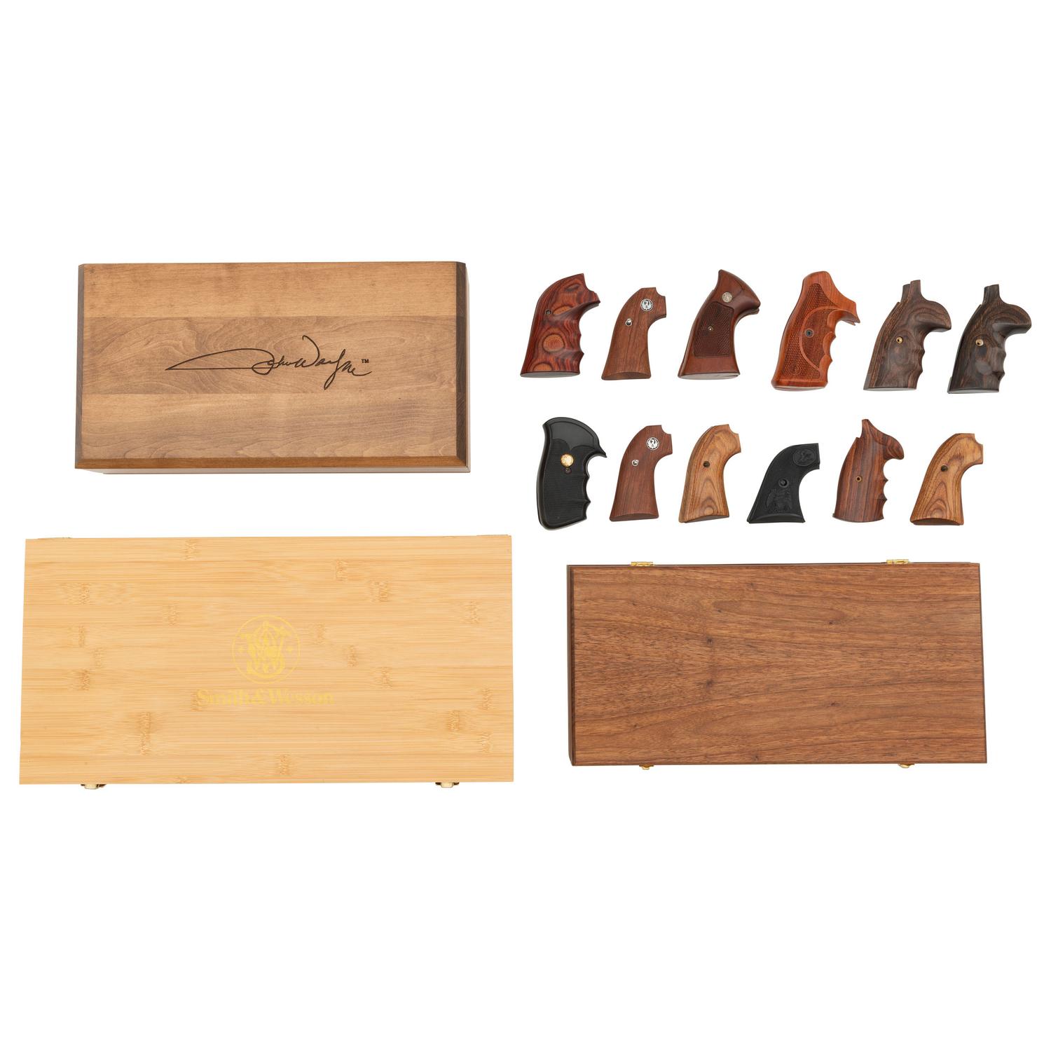 Group of 3 Handgun Display Boxes and Several Sets of Various Revolver Grips