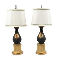 A Pair of Continental Porcelain and Giltwood Lamps